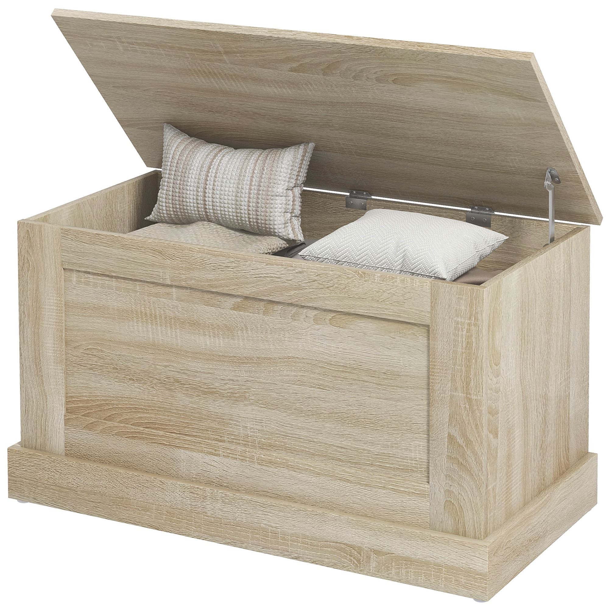 HOMCOM Coffre de rangement, coffre à jouets, avec charnière de sécurité, pour salon, en bois, 80 x 40 x 45 cm, bois naturel