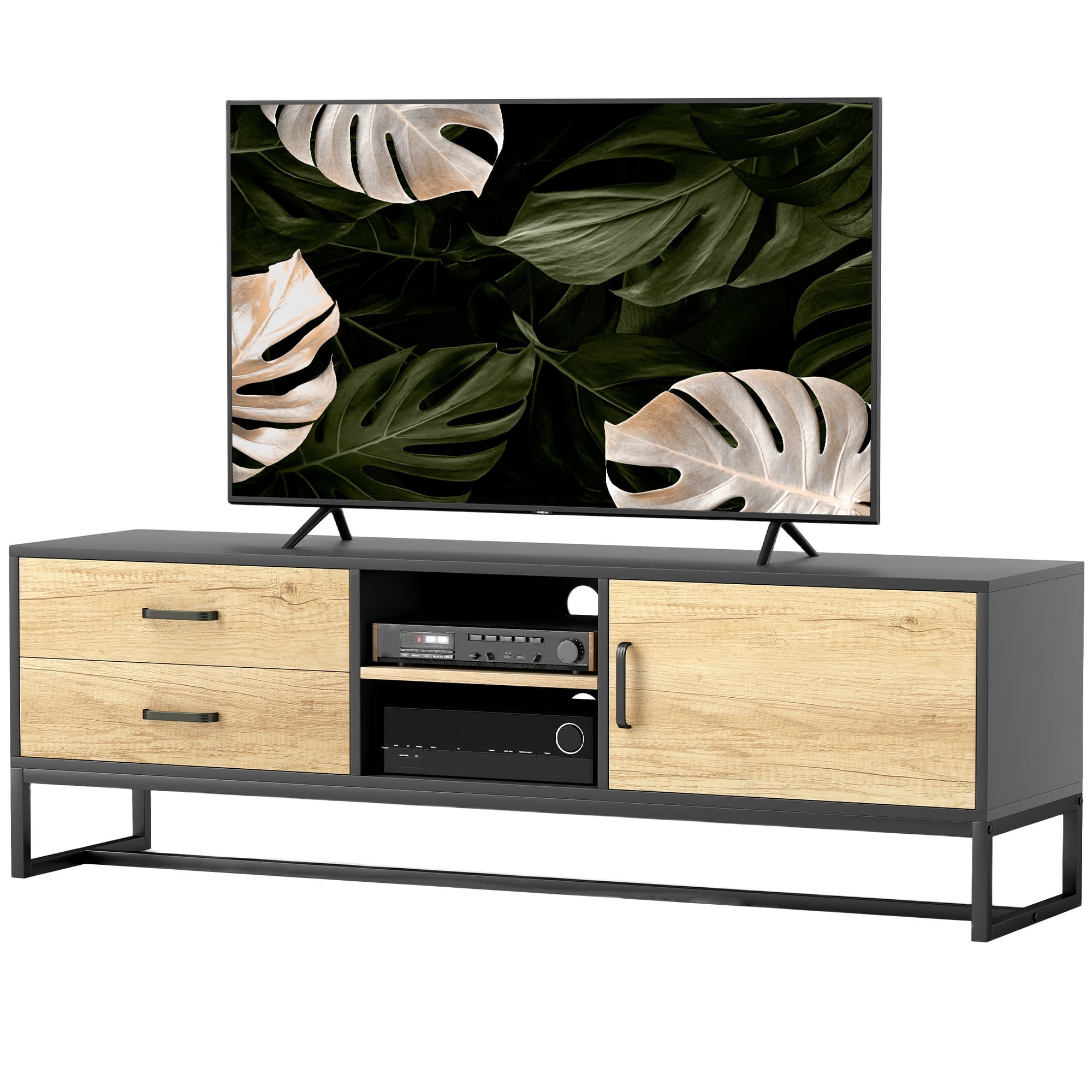 HOMCOM Meuble TV pour téléviseurs jusqu'à 60 pouces, meuble télé avec placard compartiments ouverts, 2 tiroirs, bois naturel