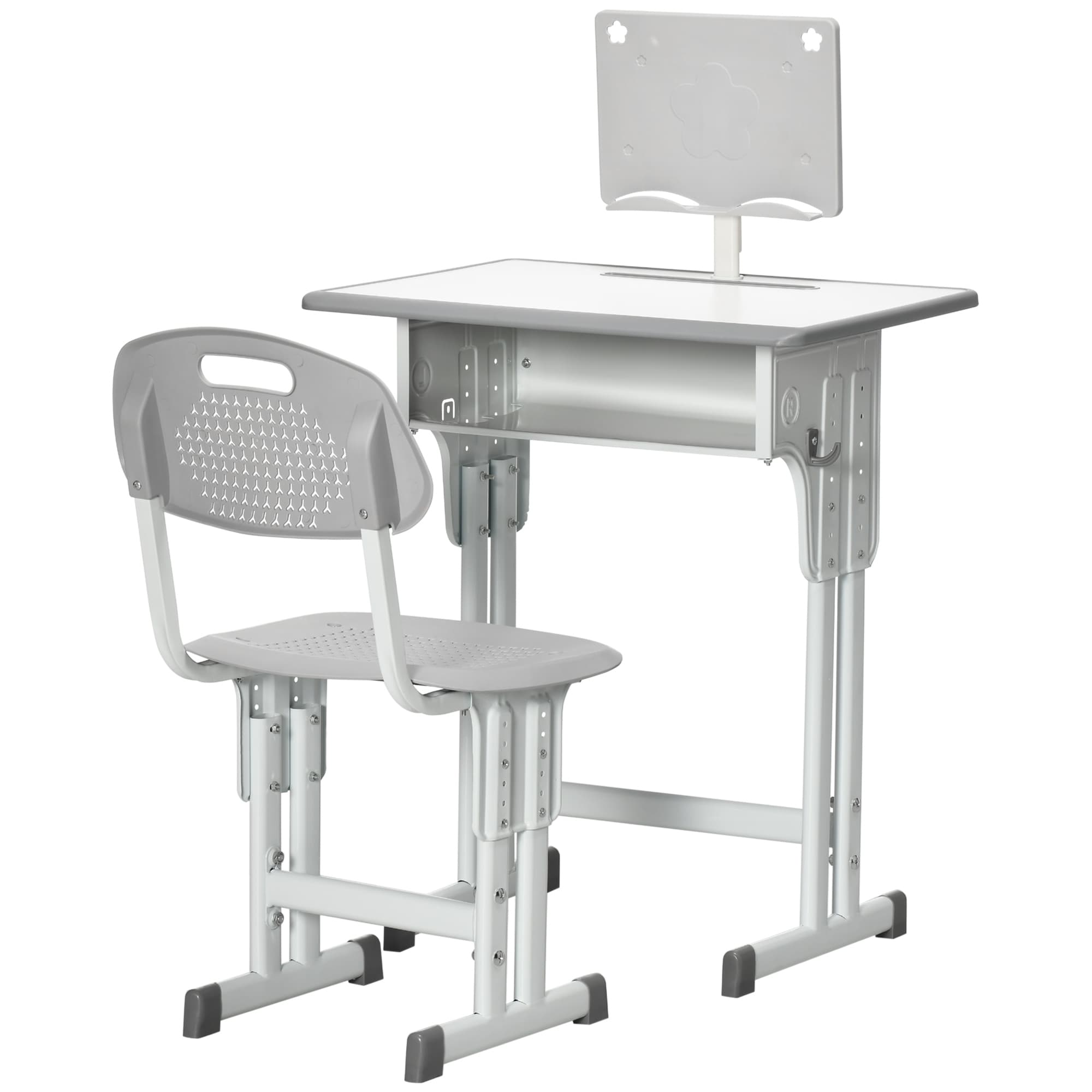 HOMCOM Bureau et chaise pour enfant avec support de lecture casier crochet et porte stylo 60 x 45x 90-102 cm gris