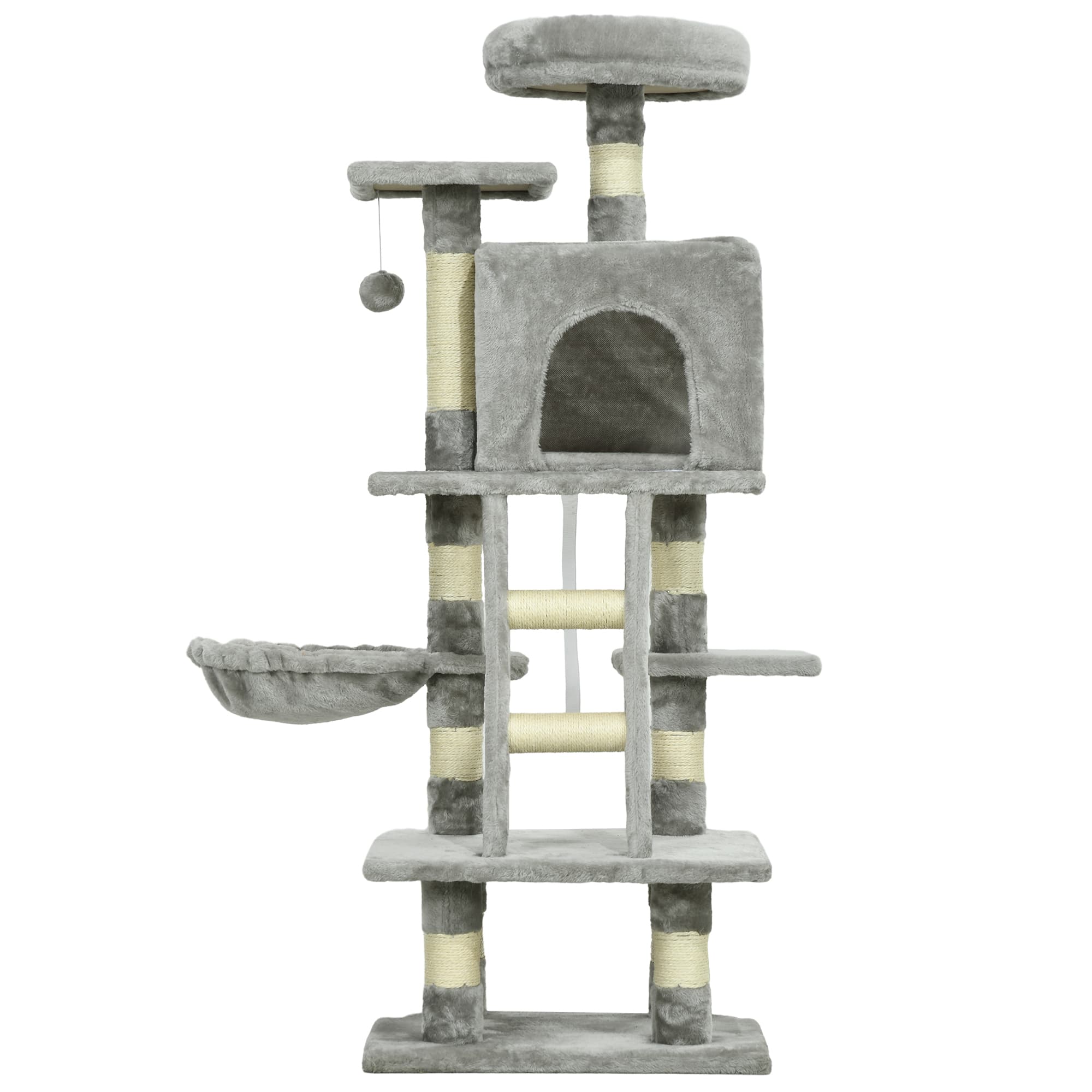 PawHut Arbre à chats multi-équipements griffoirs grattoirs niches plate-formes + échelle + hamac+ boule suspendue gris