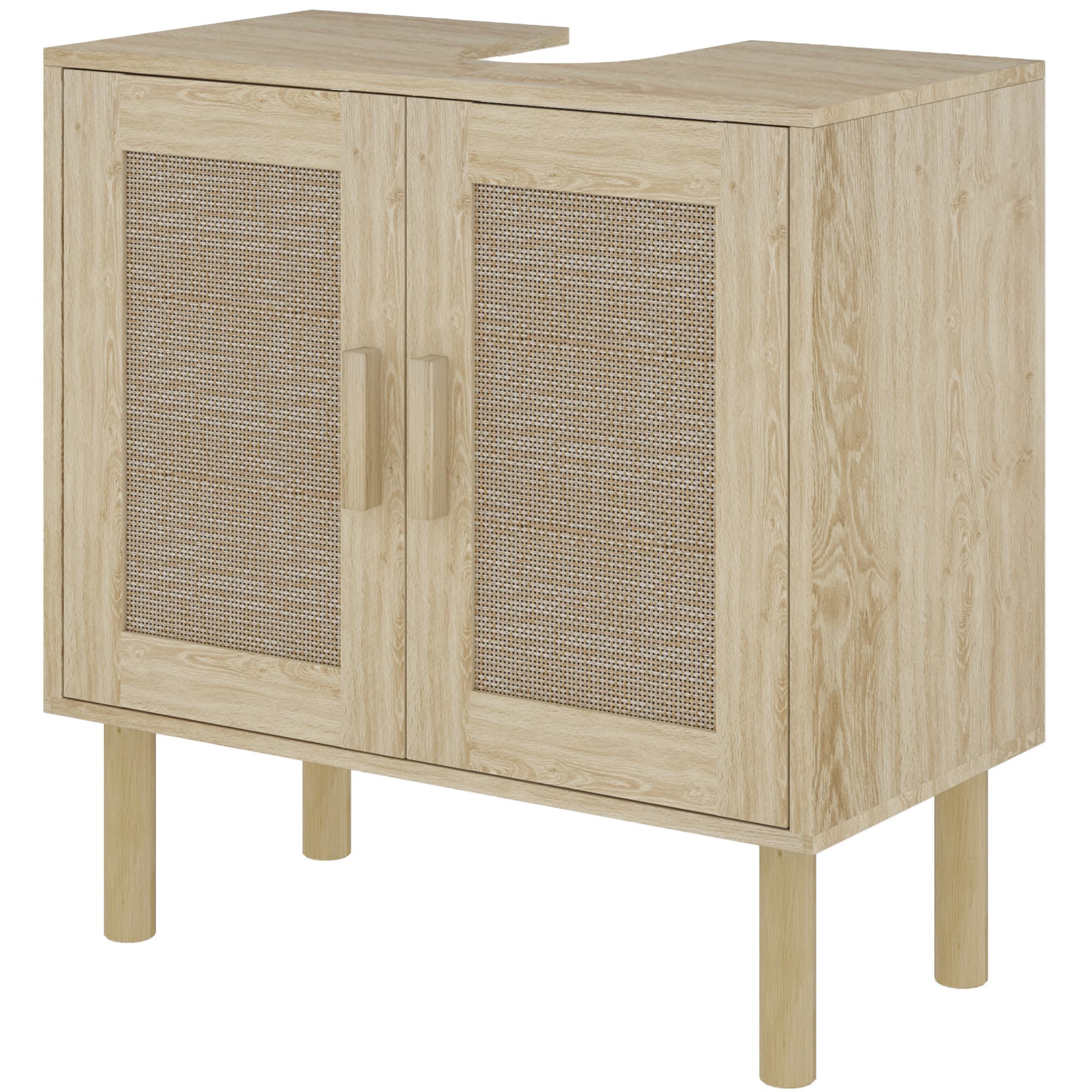 HOMCOM Meuble salle de bain sous lavabo meuble sous lavabo portes en rotin pieds bois de pin 2 niveaux 60 x 30 x 60 cm chêne