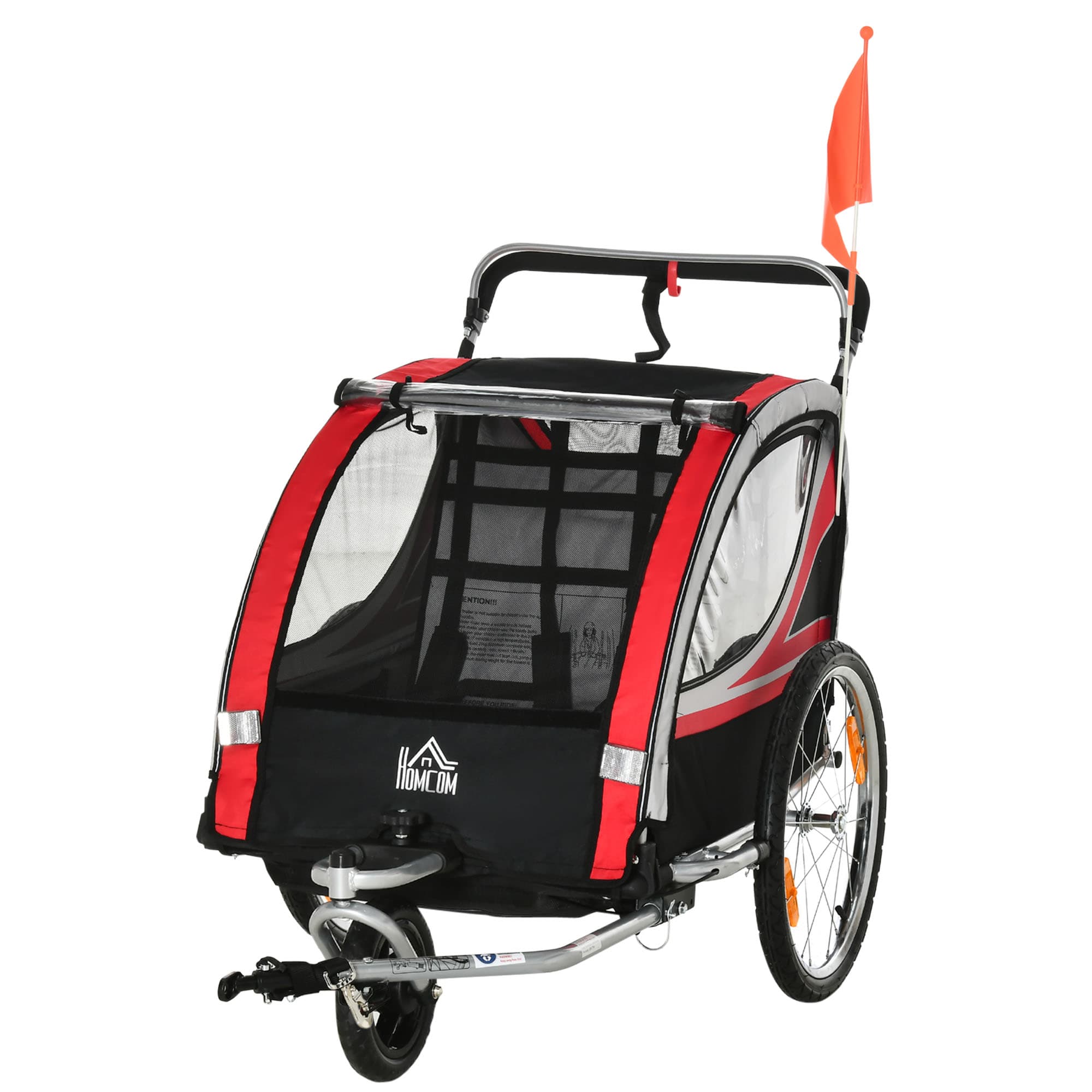 HOMCOM Remorque vélo pour enfant 2 en 1 convertible jogger poussette capacité 26,4 kg avec réflecteurs et drapeau - 2 places - rouge