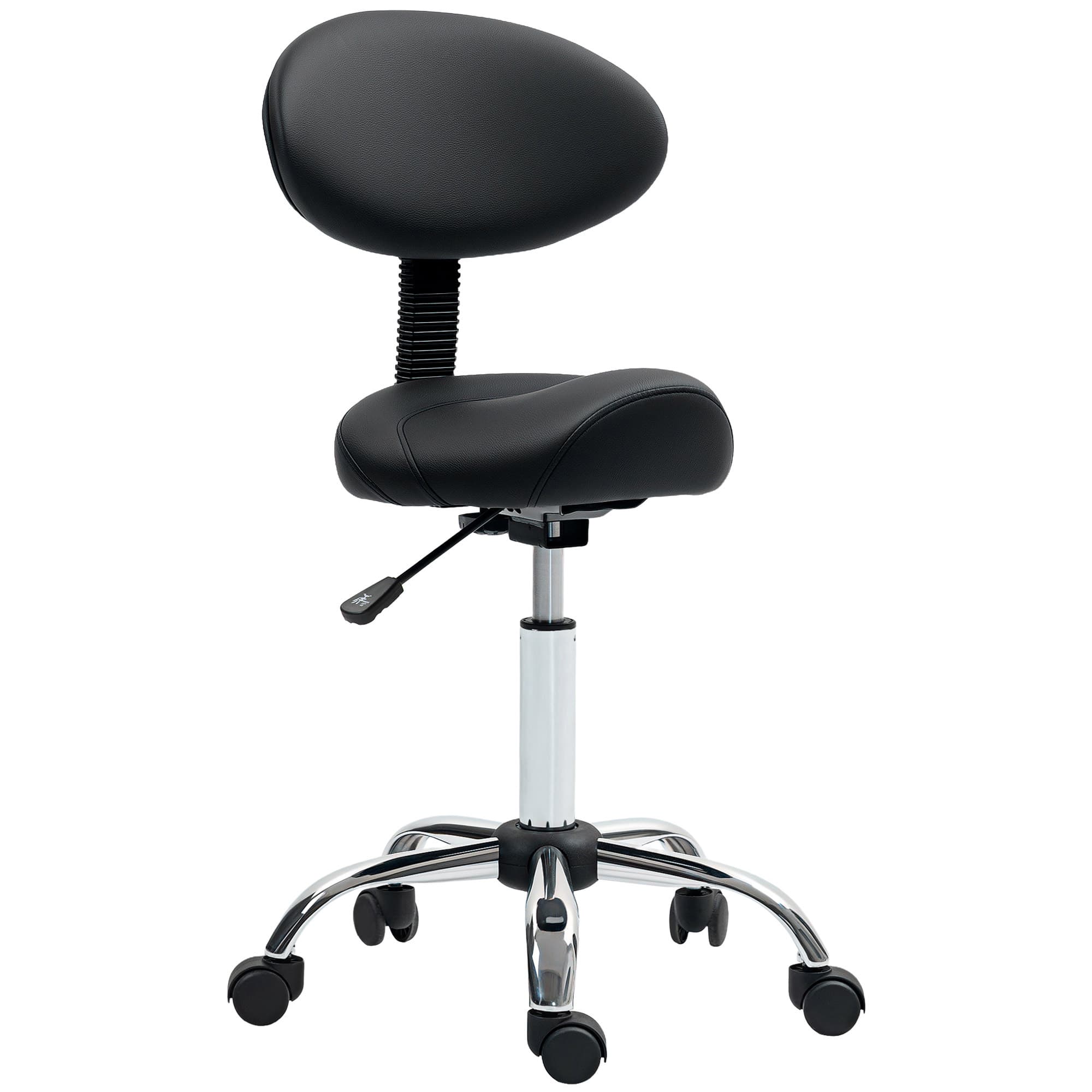 HOMCOM Tabouret à roulettes avec hauteur réglable 51-67 cm et dossier, pour salon de massage, tatouage, clinique, spa, noir