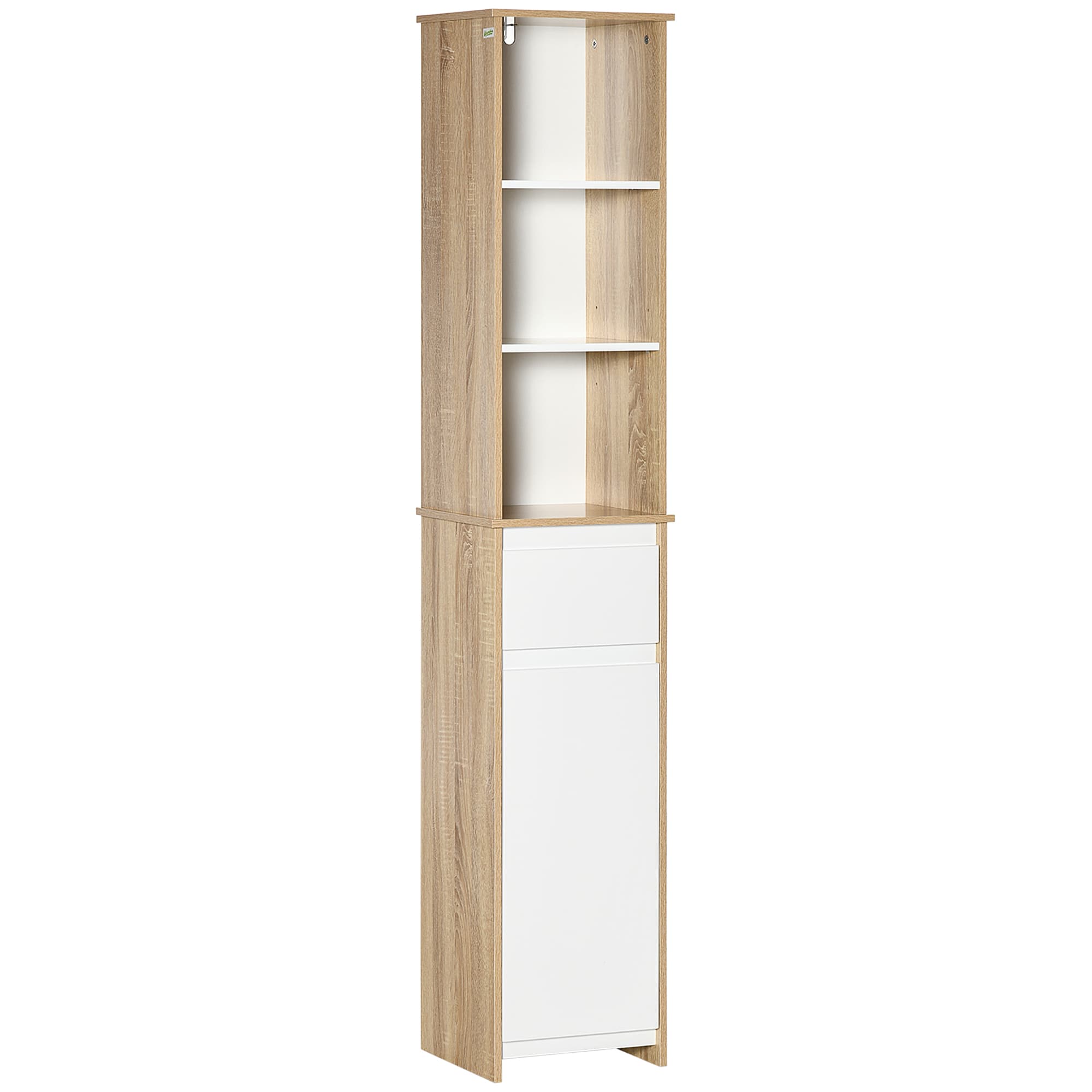 Kleankin Colonne Rangement Salle de Bain Blanche et Chêne avec Niches, Tiroir et Placard Aosom France