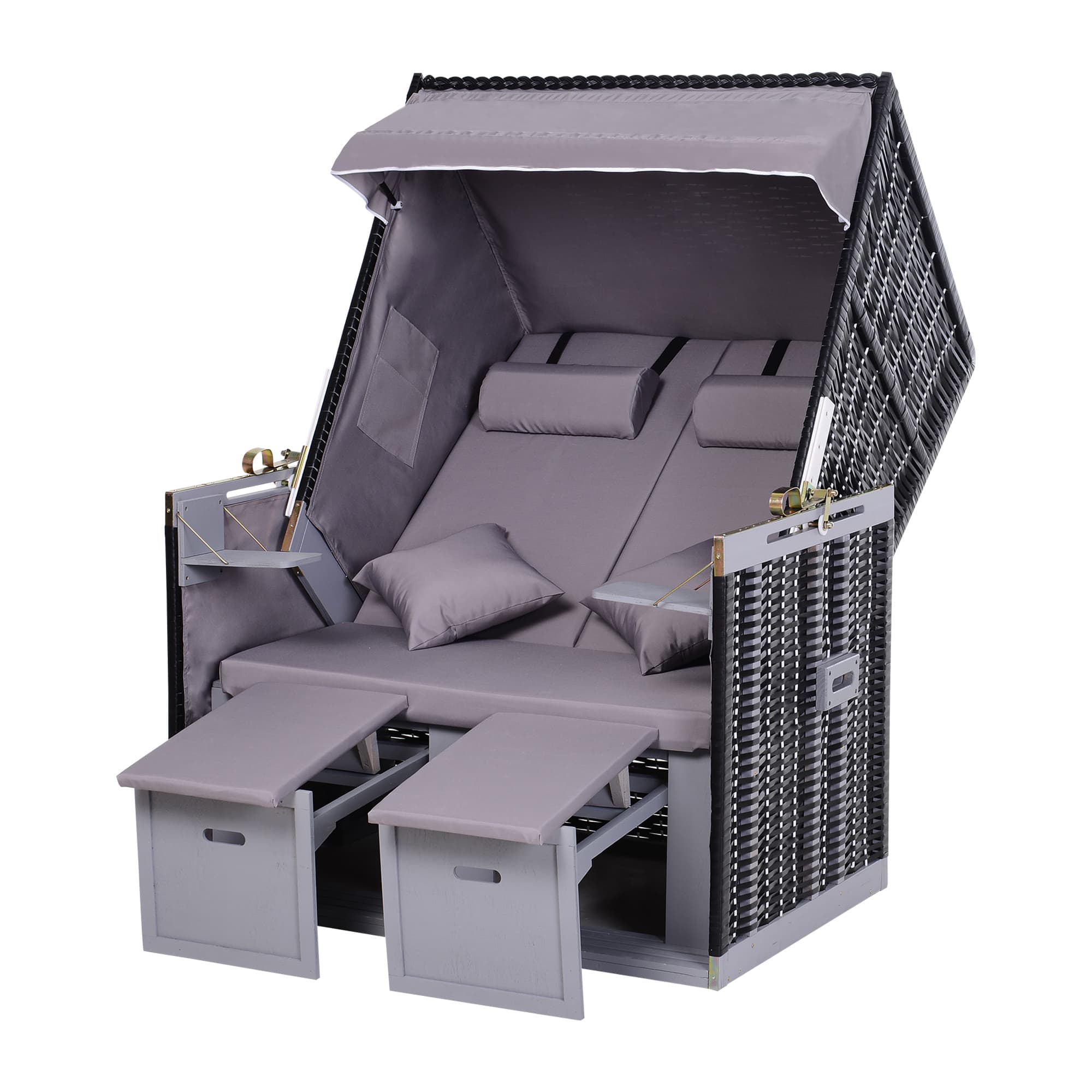 Outsunny Corbeille plage 2 places pliable - Cabine chaise de plage inclinable transat plage bois résine tressée polyester 118Lx79Px160Hcm gris
