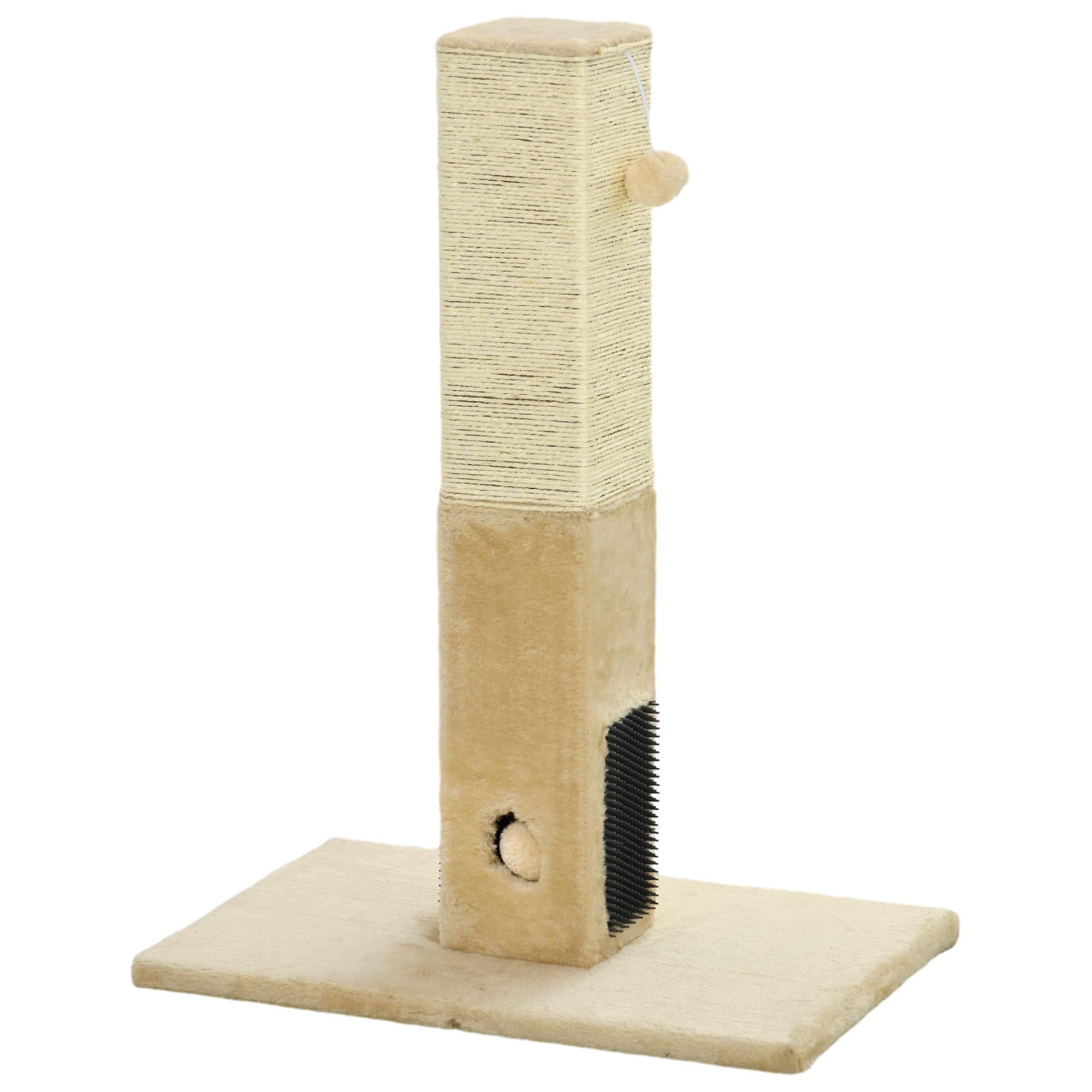 PawHut Poteau à gratter pour chat griffoir pour chat balle avec clochette 2 brosses de toilettage 59,5 x 39 x 79 cm beige crème