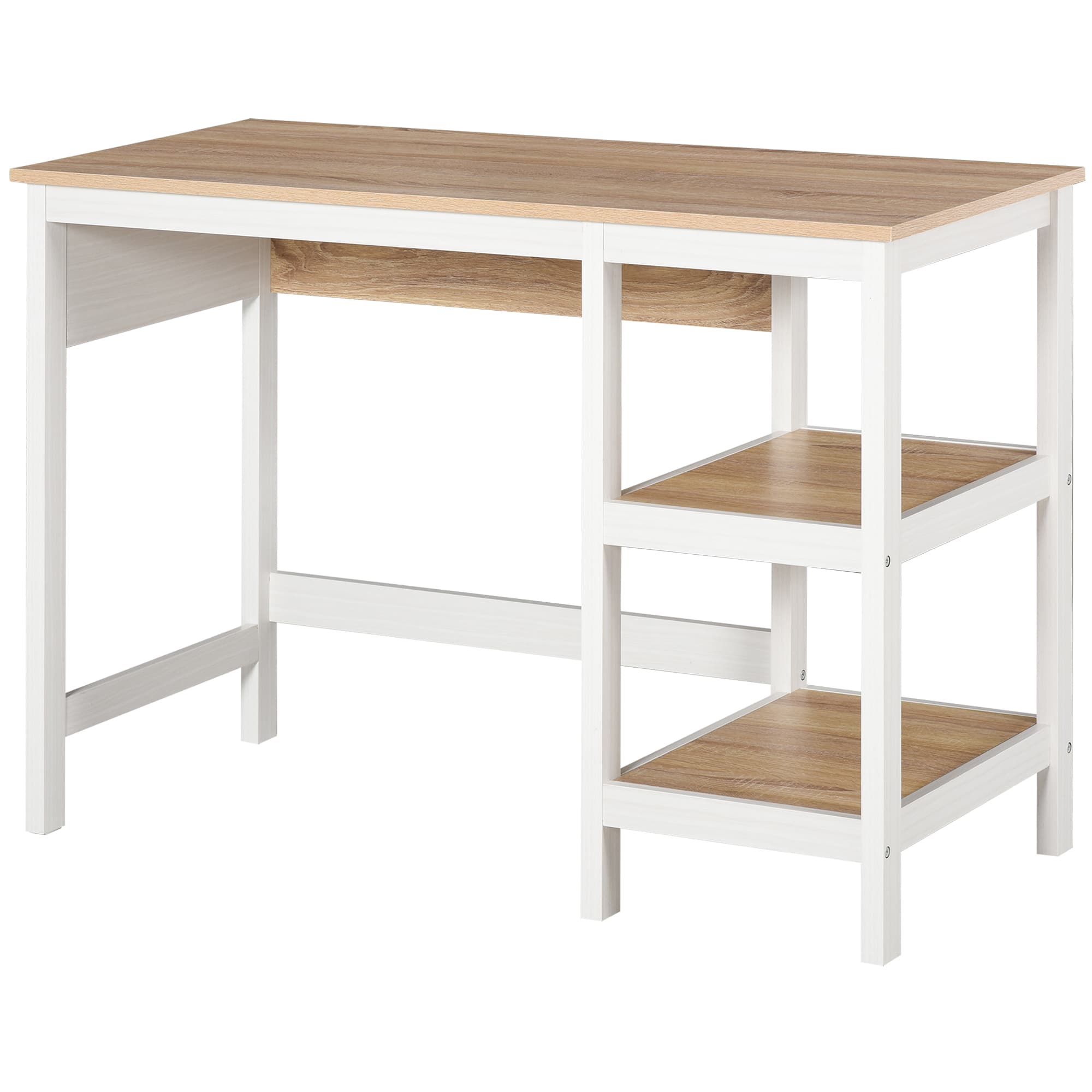 HOMCOM Bureau Informatique Bureau multimédia dim. 110L x 48l x 76H cm 2 étagères latérales MDF E1 chêne Clair Blanc