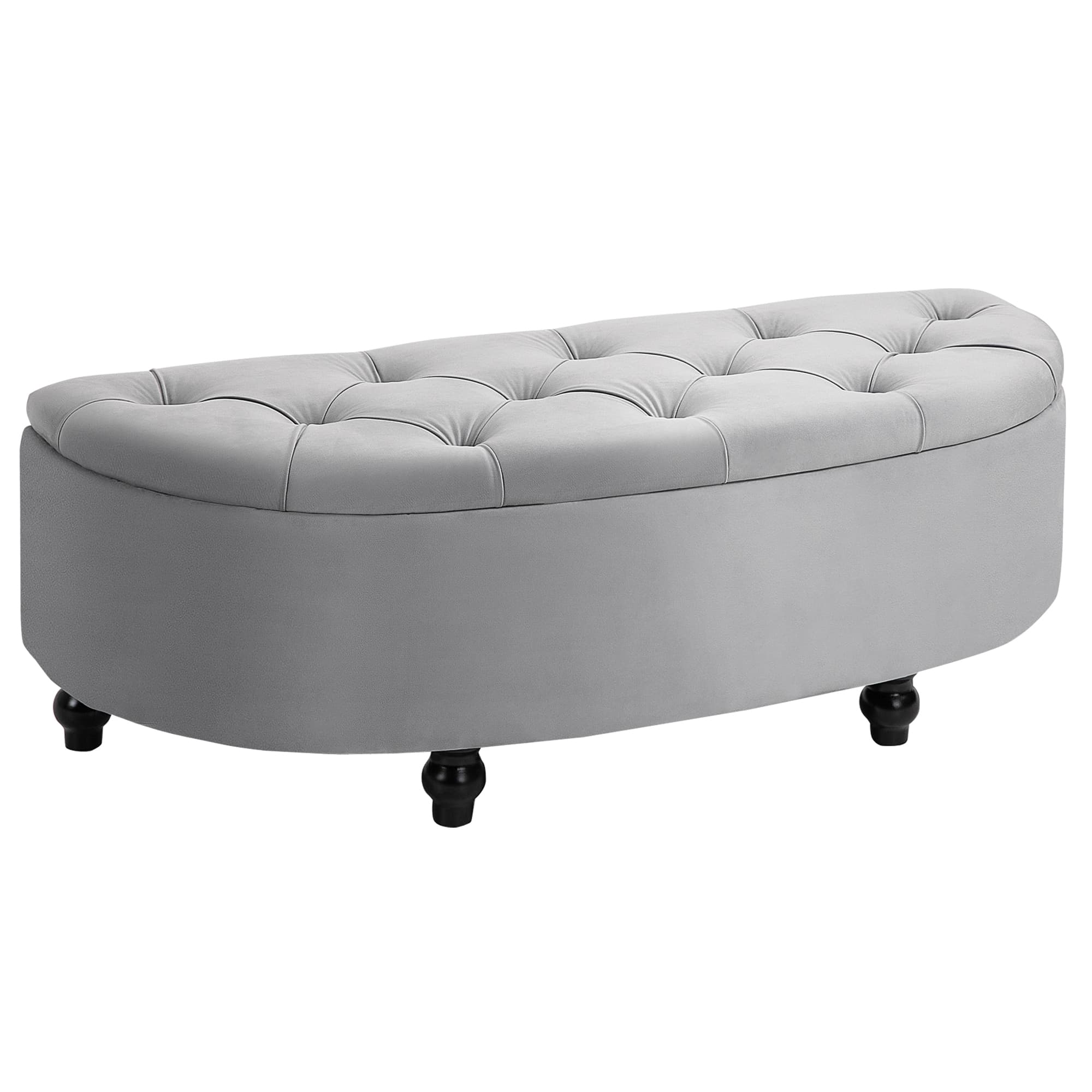 HOMCOM Banc de rangement coffre pouf de rangement design classique capitonnée semi cercle velours pieds en bois de hévéa 120 x 46 x 42 cm gris clair