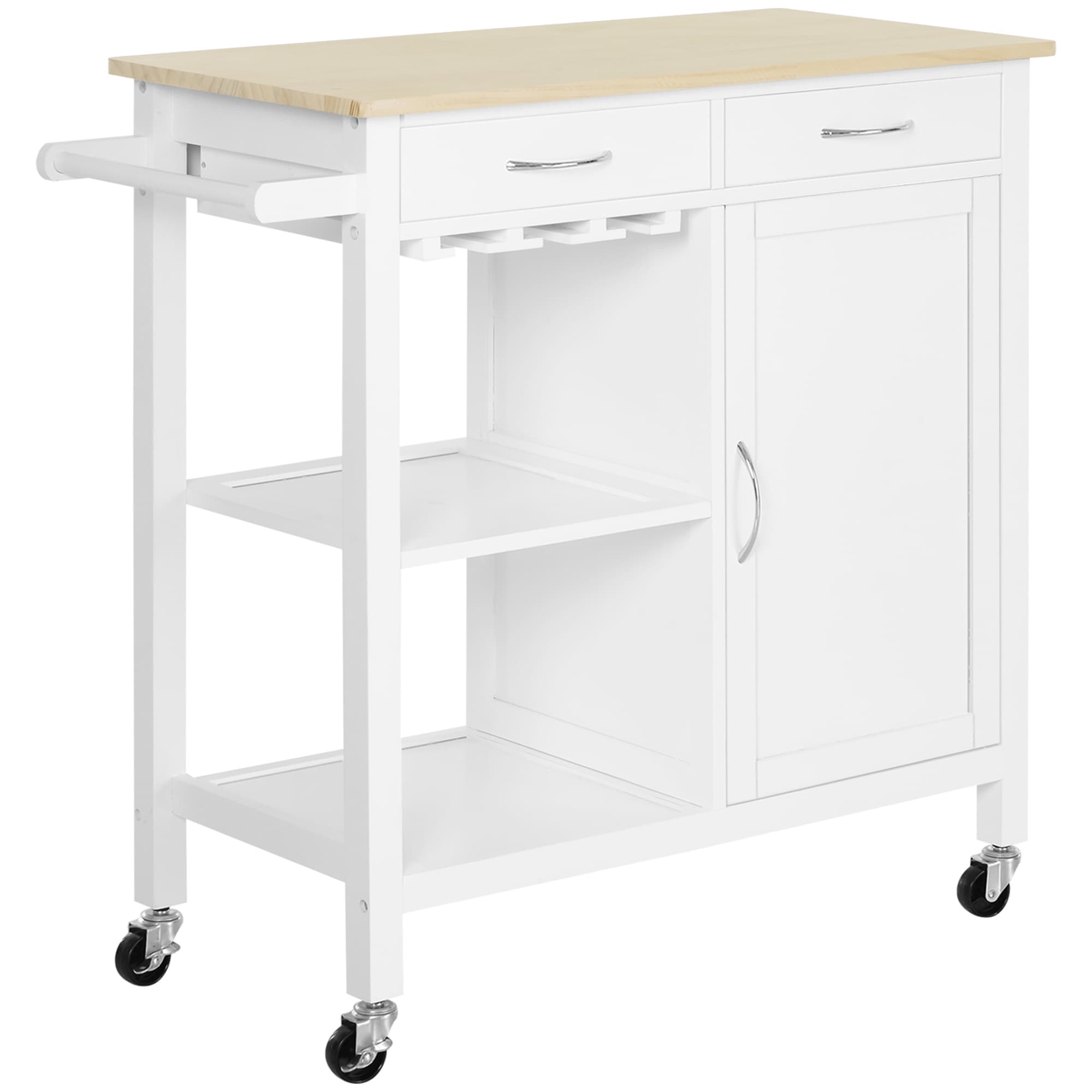 HOMCOM Desserte de cuisine à roulettes multi-rangements plateau en bois de pin avec 2 tiroir porte-serviettes porte-verres à vin blanc
