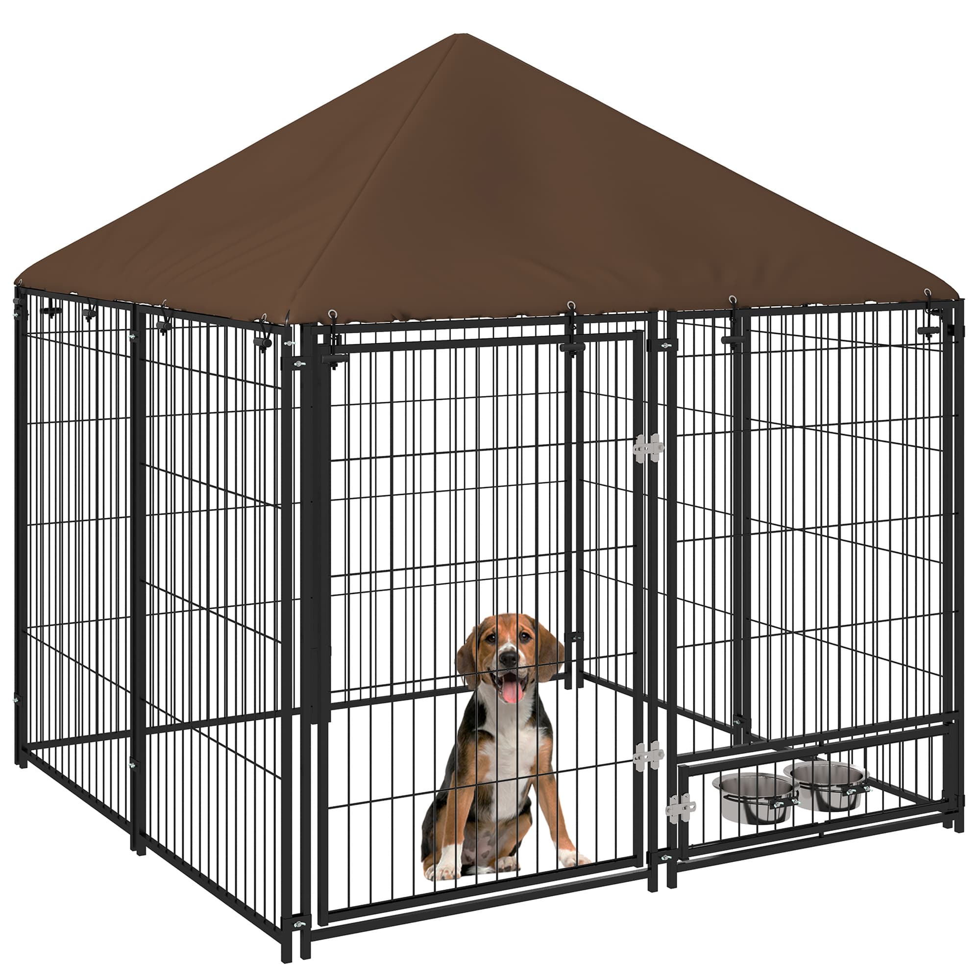 PawHut Chenil extérieur pour Chiens en métal et Tissu Oxford Support gamelle et Toit résistant aux intempéries Espace spacieux