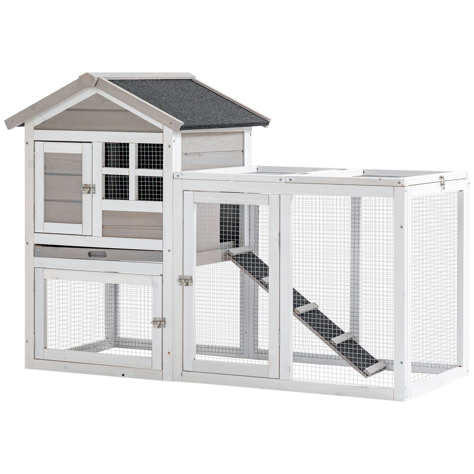 PawHut Clapier cage lapins combinable 2 étages toit bitumé plateau coulissant 4 portes 128 x 64 x 92 cm gris Aosom France