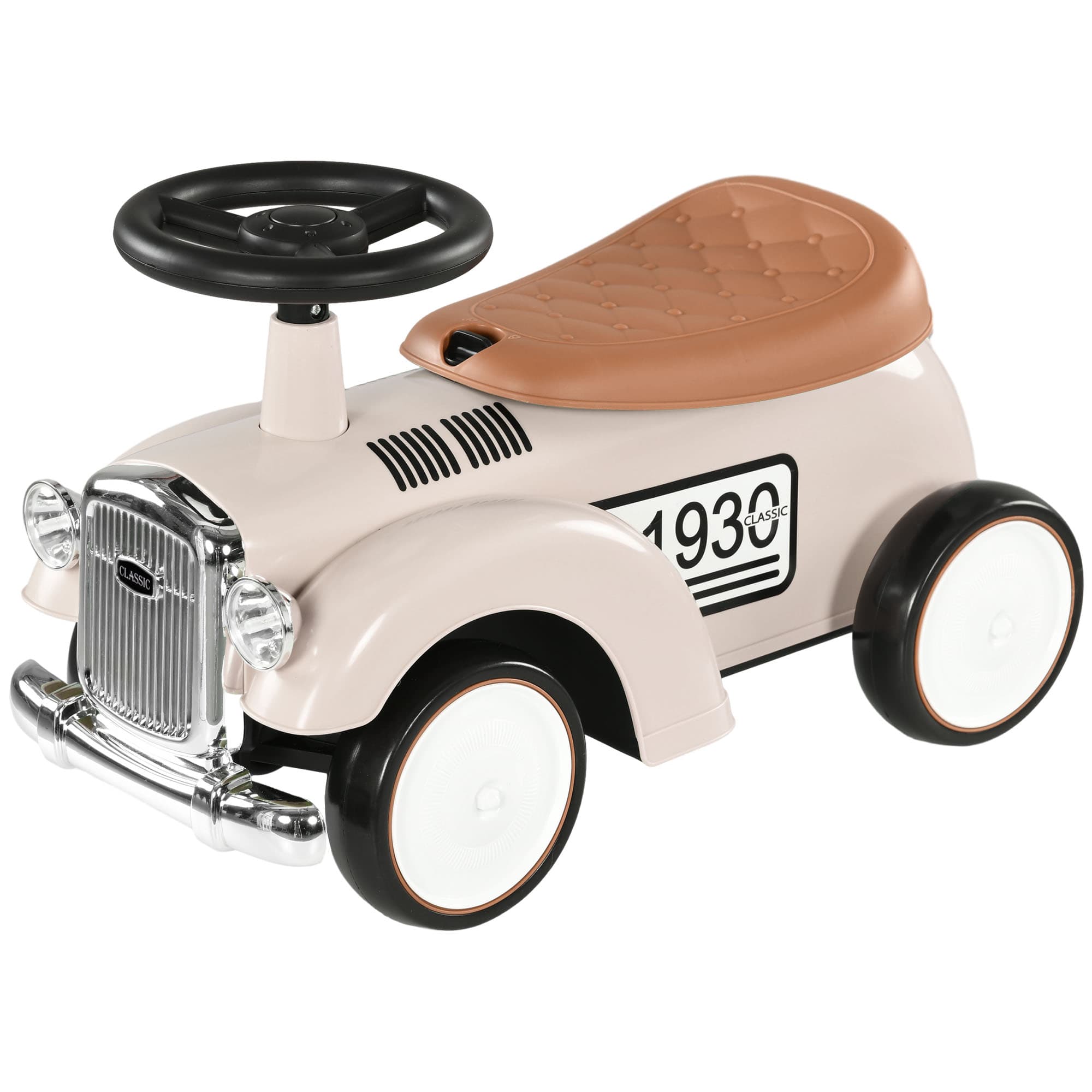 AIYAPLAY Porteur enfants voiture véhicule à pousser multi-équipée 12-36 mois coffre klaxon style vintage blanc crème