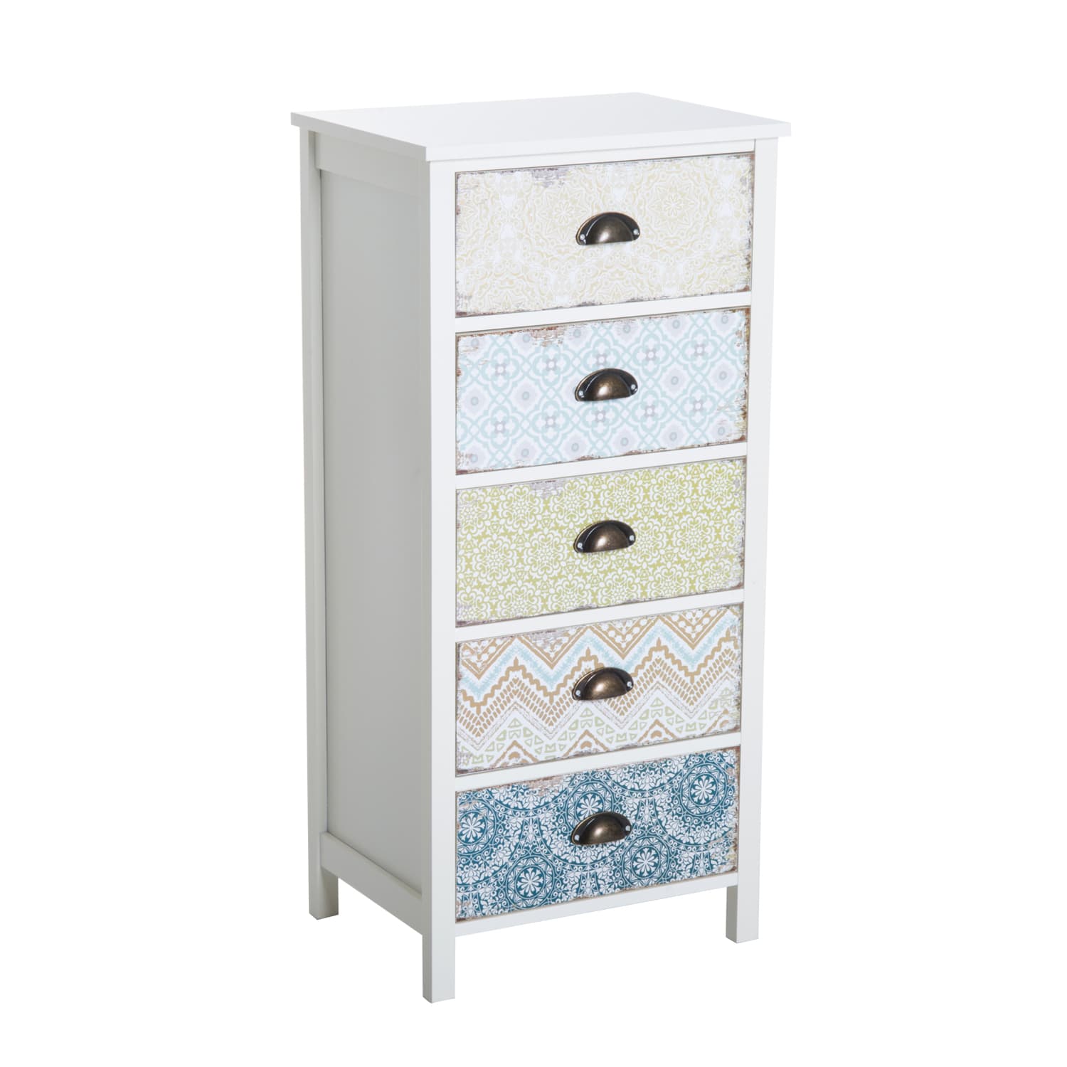 HOMCOM Chiffonnier Meuble de Rangement Style Néo-Rétro Graphique 5 Tiroirs MDF Bois 46 x 34 x 98 cm Blanc