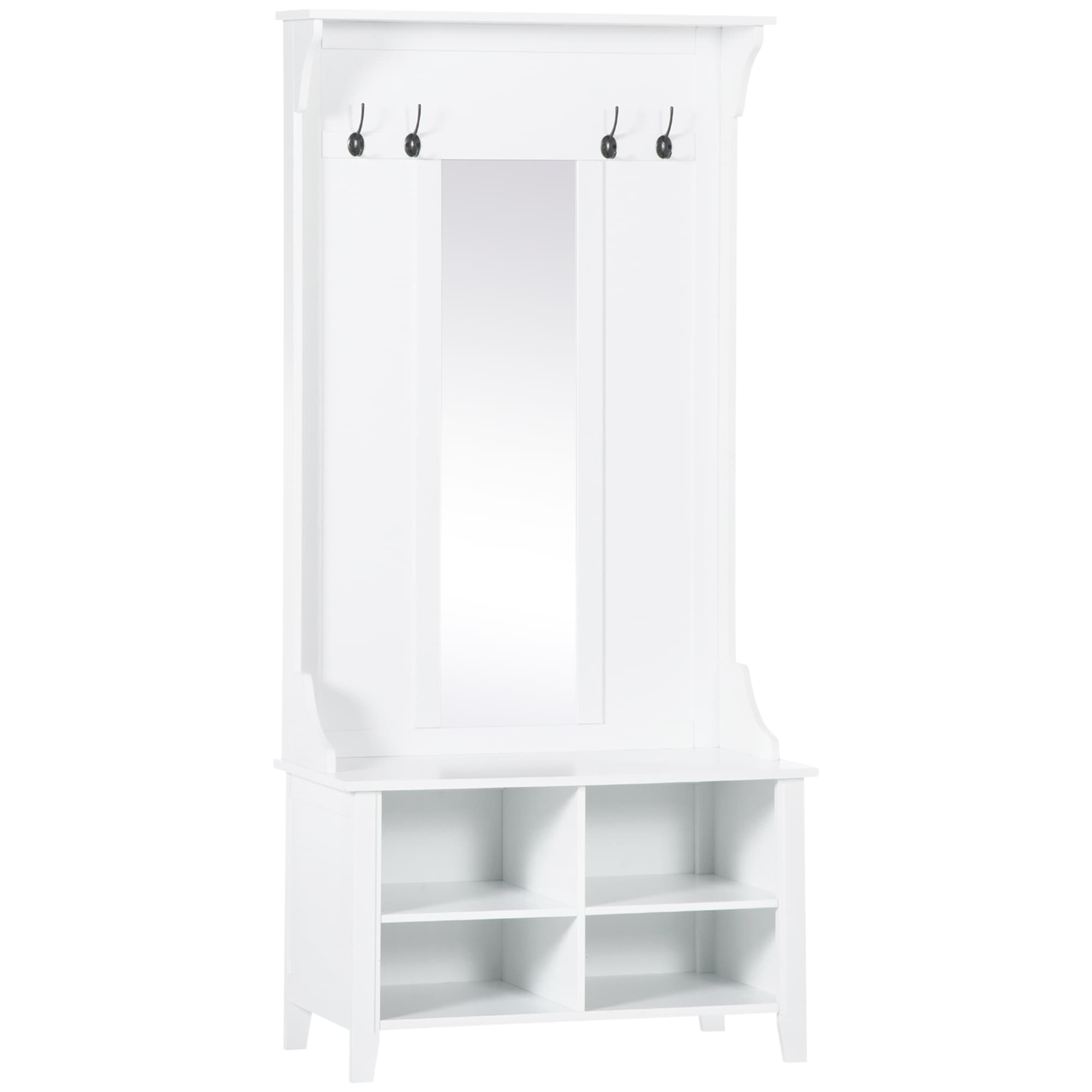 HOMCOM Porte-Manteau vestiaire d'entrée avec Banc à Chaussures et Miroir dim. 80L x 40l x 170H cm 4 étagères 4 patères Double Crochet bois Blanc