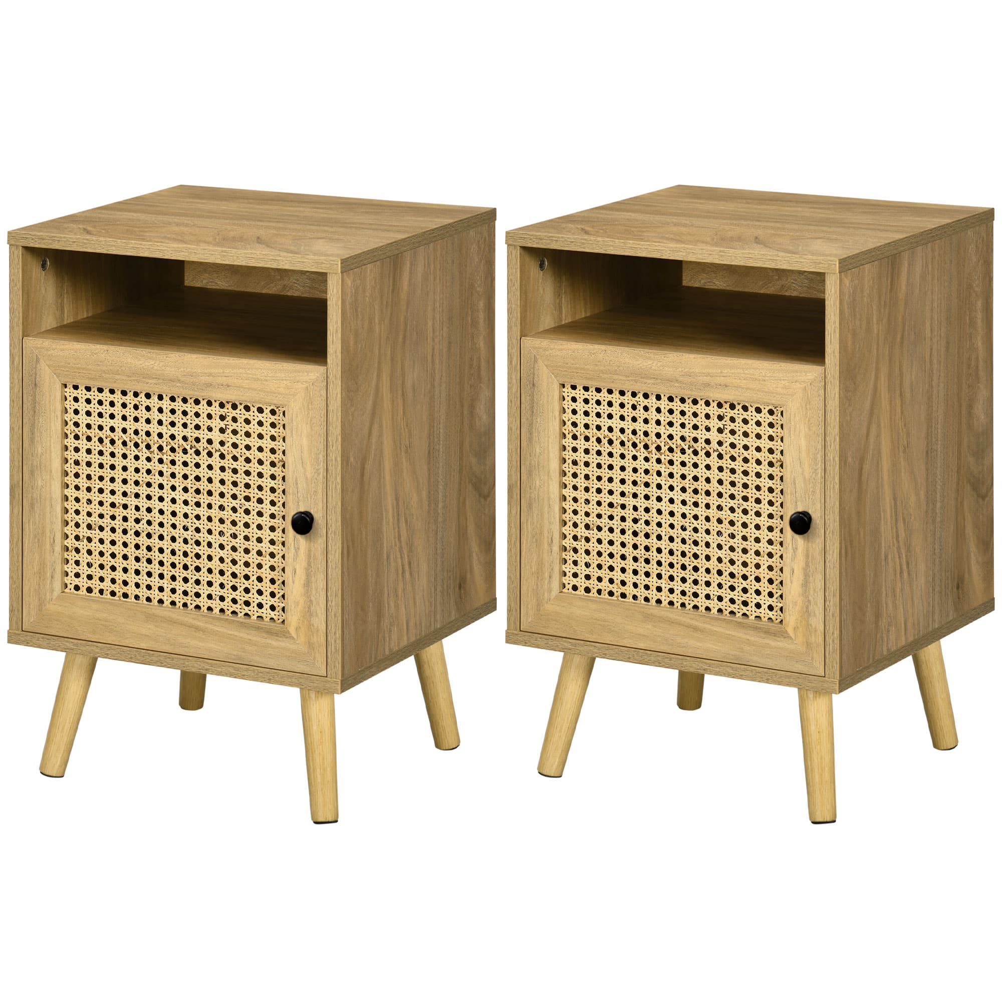 HOMCOM Lot de 2 table de chevet table de nuit avec placard porte cannage et niche design vintage 39 x 35 x 60 cm naturel