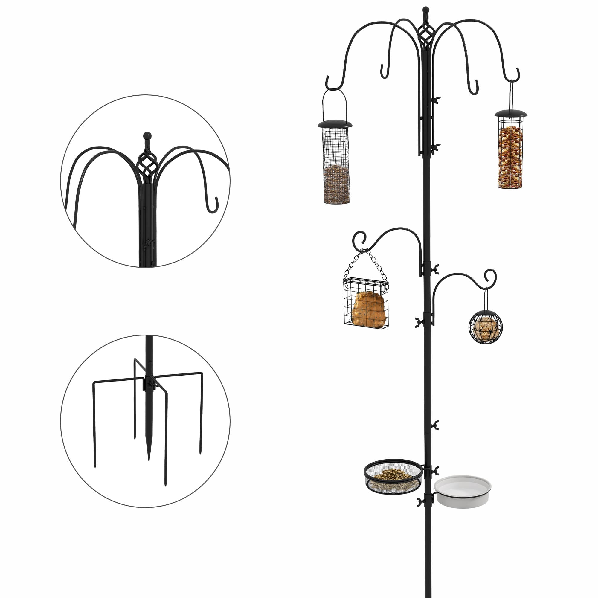 PawHut Station d'Alimentation sur Pied 6 Crochets 4 Mangeoires pour Oiseaux Noir Aosom France
