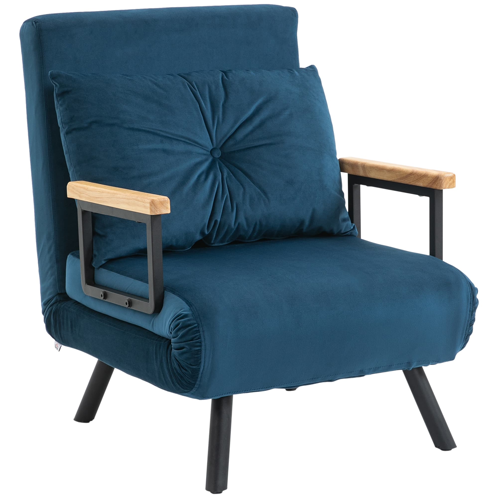 HOMCOM Fauteuil convertible 3 en 1 lit 1 place dossier 5 positions, accoudoirs en bois et coussin, tissu effet velours, bleu