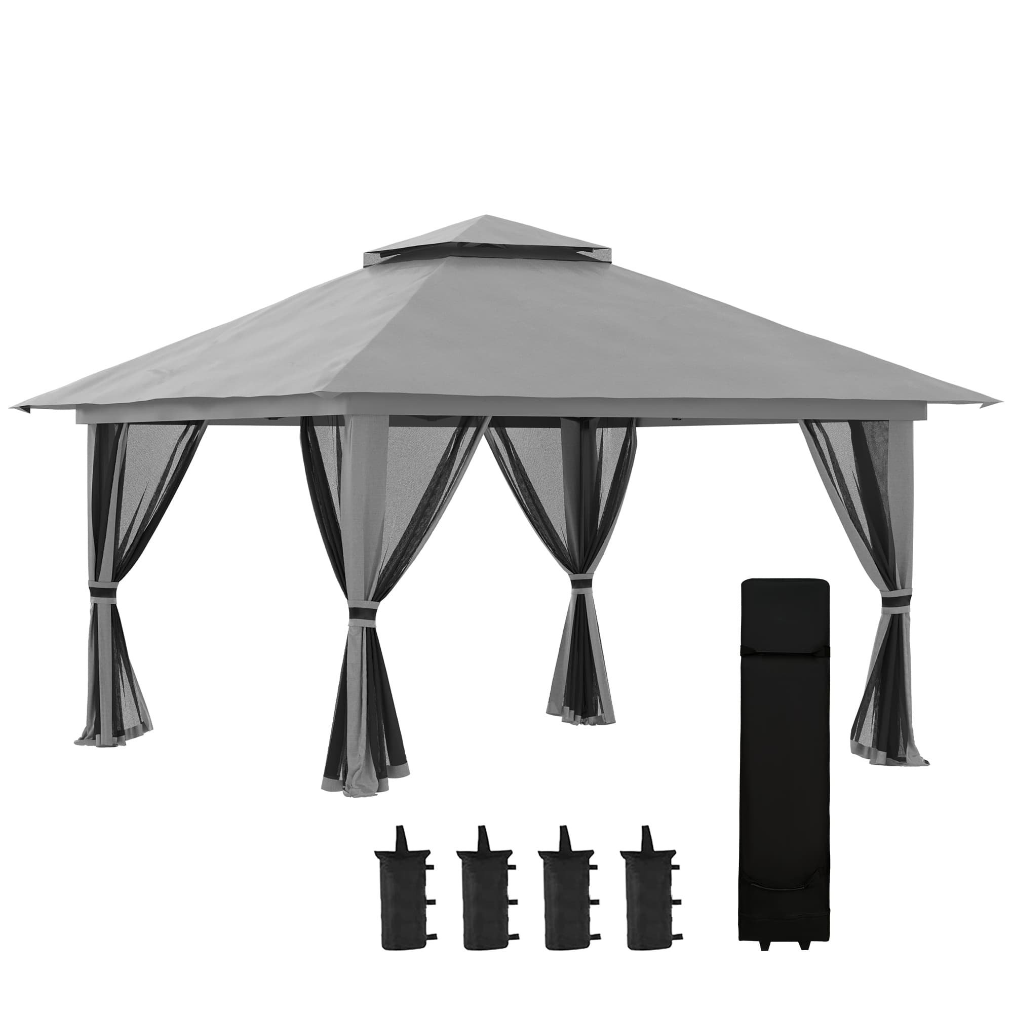 Outsunny Tonnelle barnum de jardin pop-up pliant double toit protection UV 50+ avec 4 moustiquaires zippées 4 x 4 m gris Aosom France
