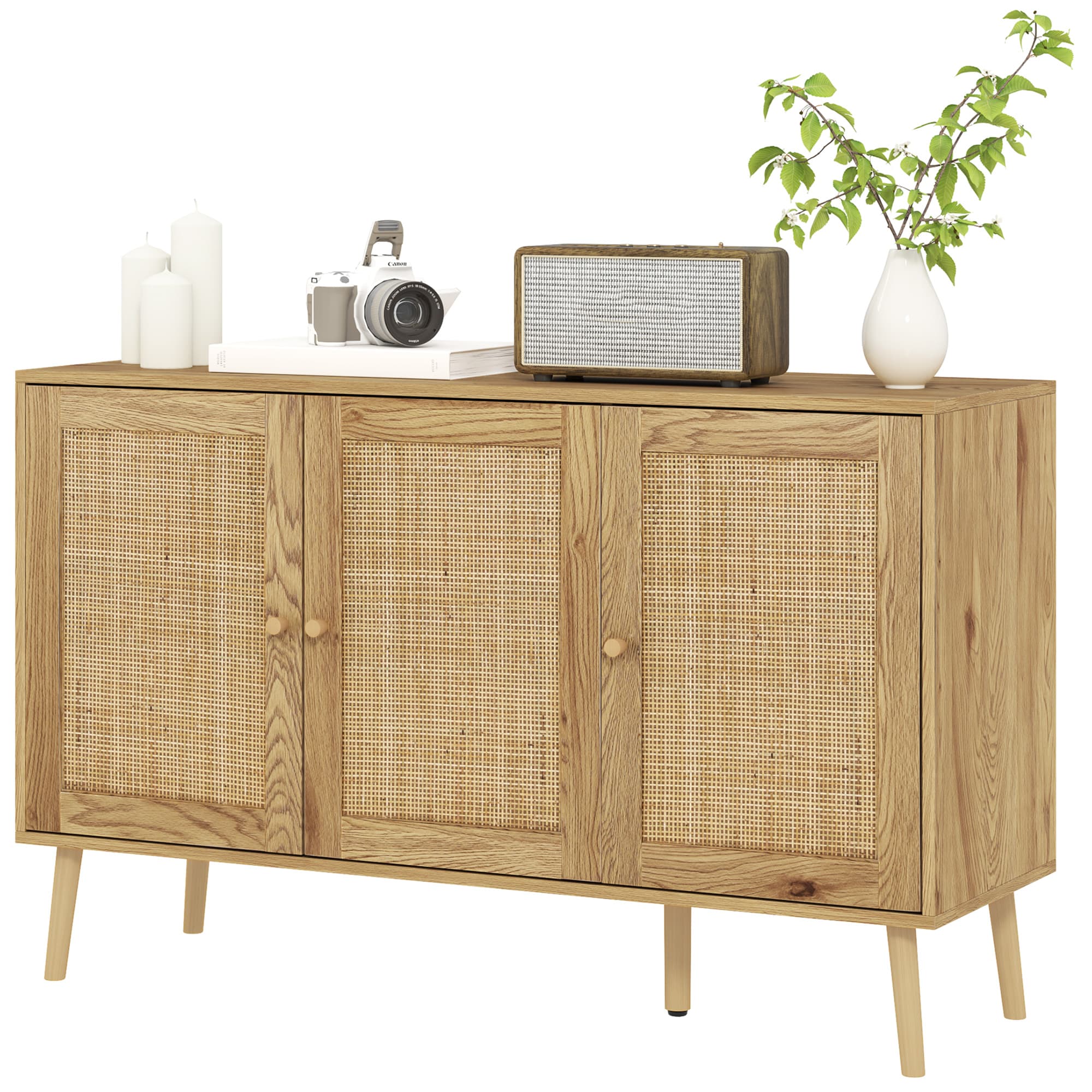 HOMCOM Buffet salon meuble de rangement avec placards à portes en rotin et étagère réglable, bois naturel