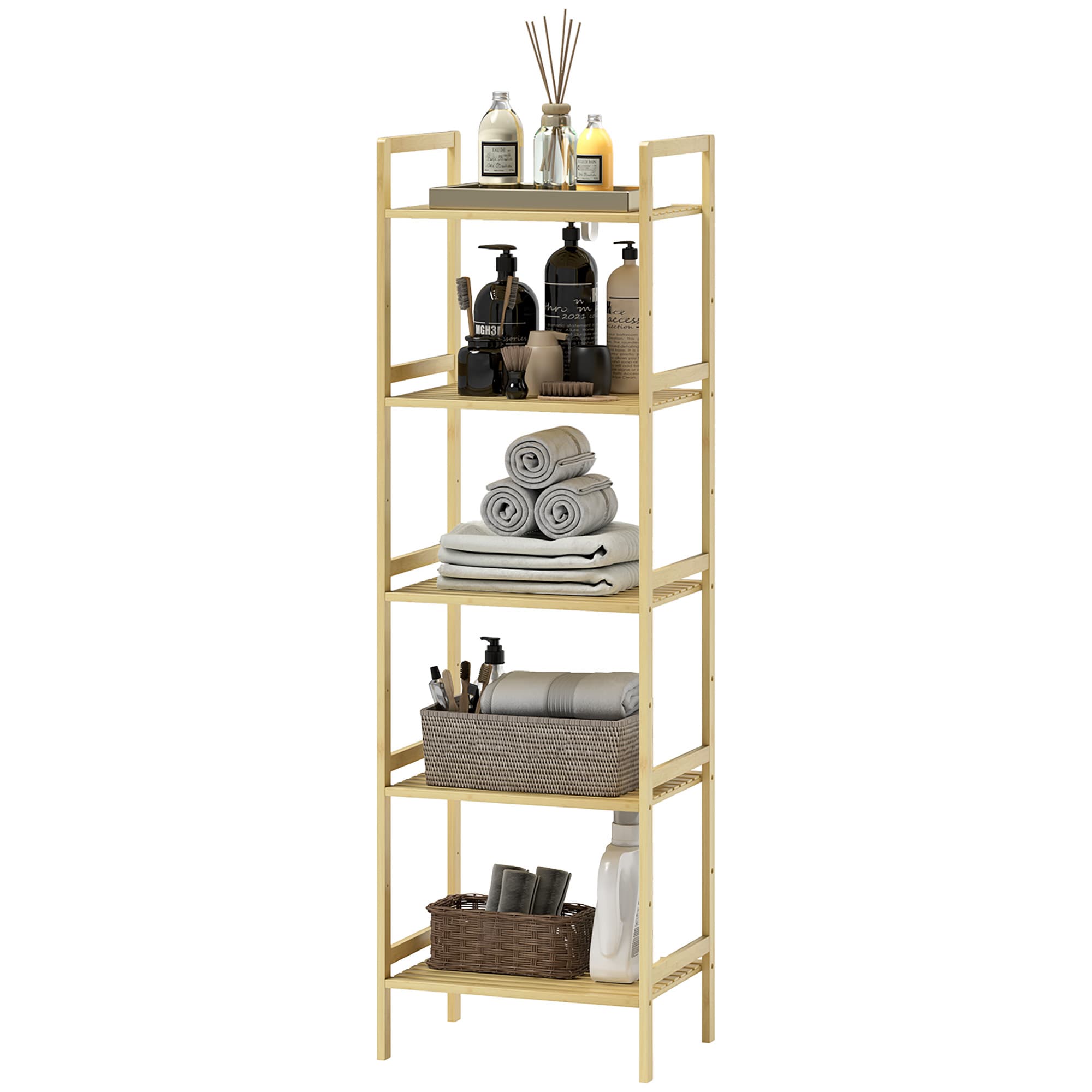 HOMCOM Étagère salle de bain à 5 niveaux étagère en bambou 5 étagères réglables 9 positions 43,5 x 31,5 x 142 cm bois naturel