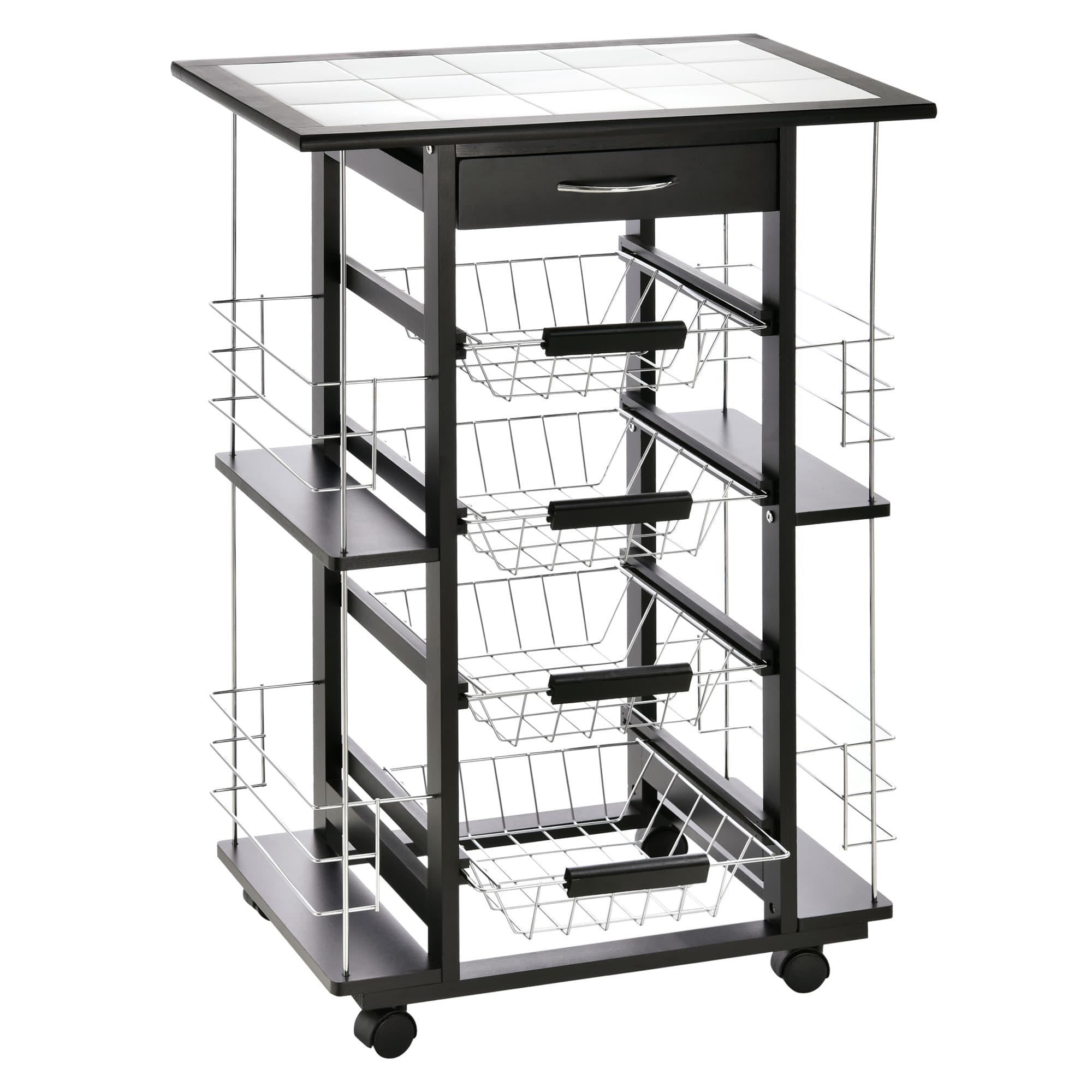HOMCOM Desserte Chariot de Cuisine Étagère de Rangement Mobile Plateau en Carreau de Céramique 4 Ranges Condiments Latérals 57 x 37 x 83 cm Noir
