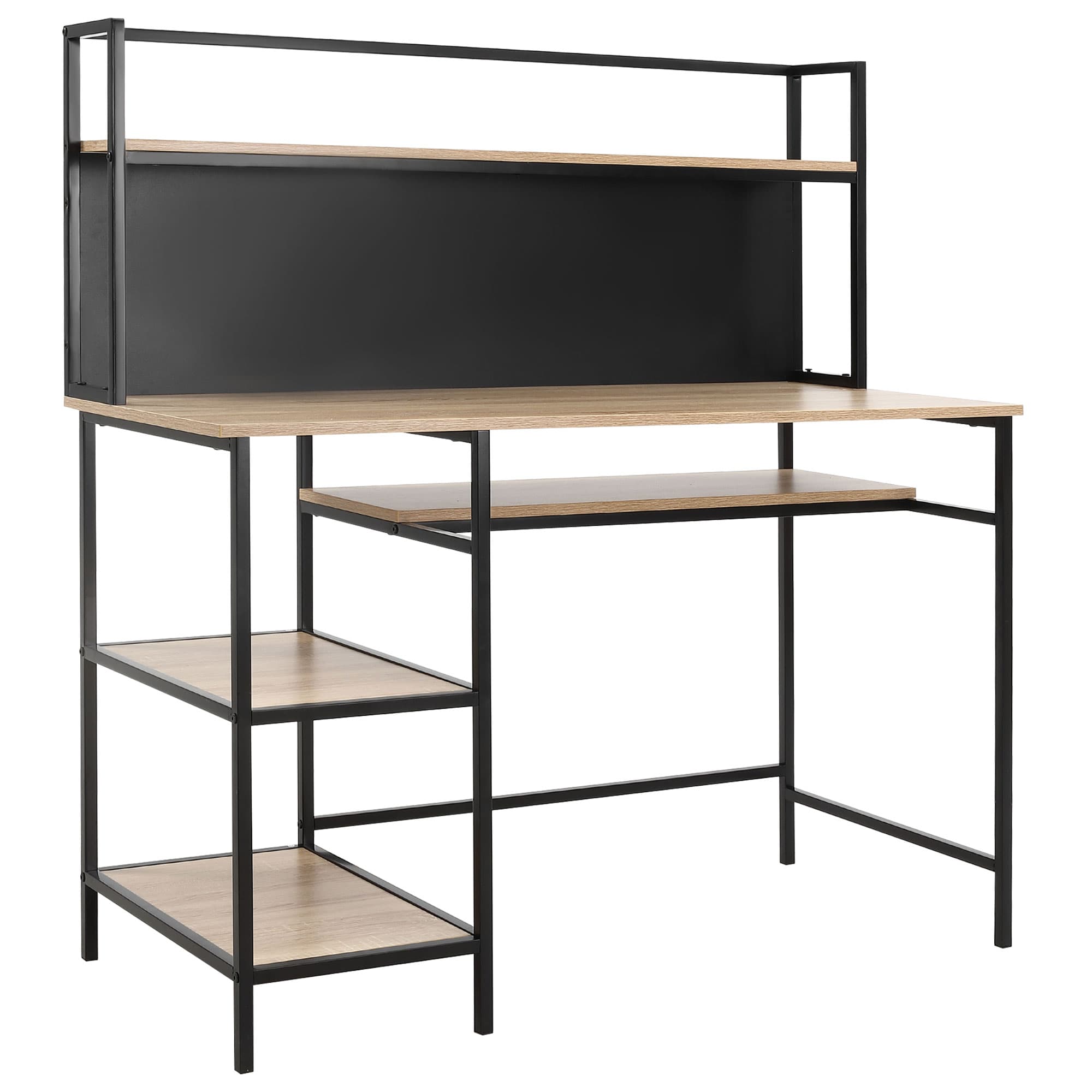 HOMCOM Bureau Informatique Design Industriel 4 étagères Grand Plateau et Panneau Noir métal Aspect chêne Clair