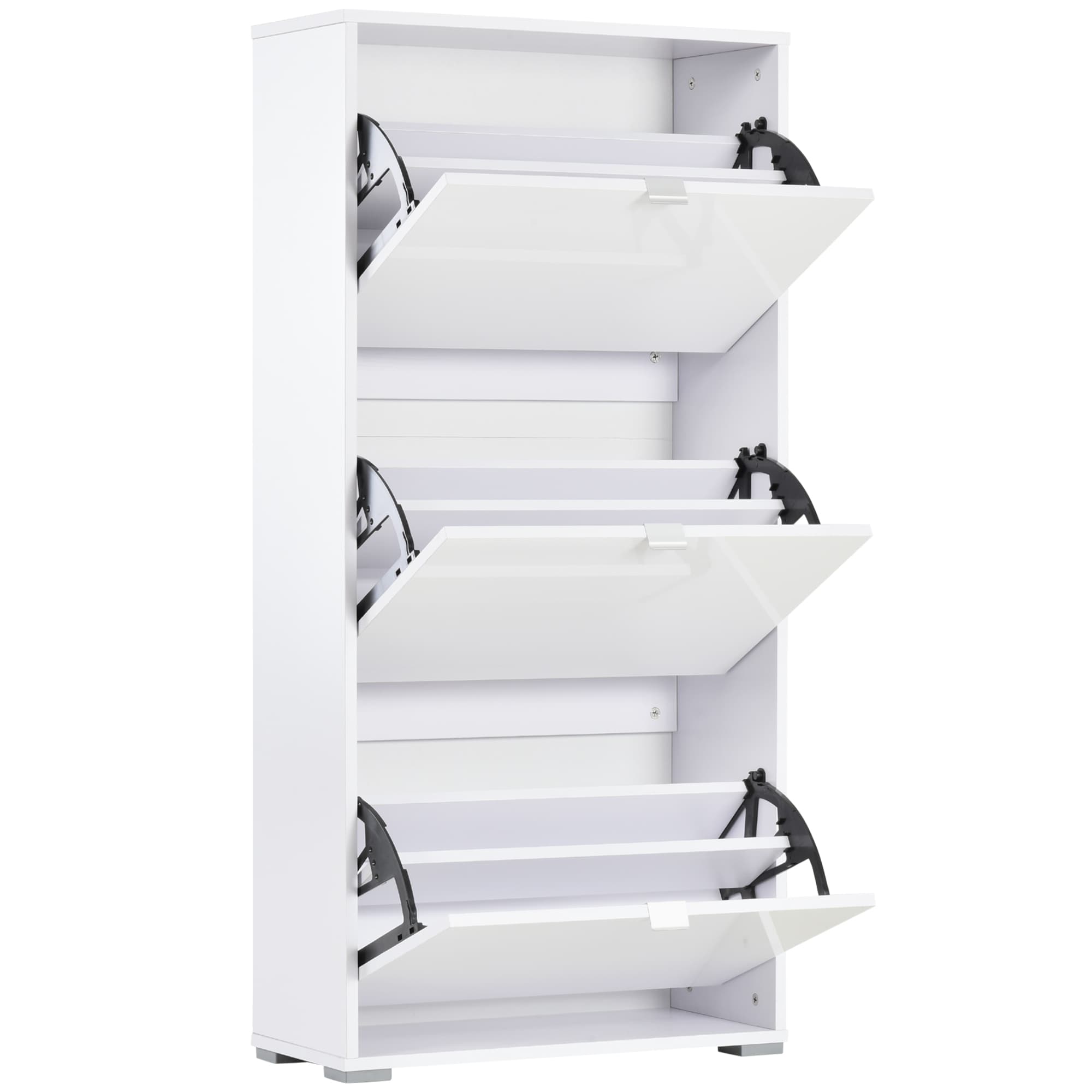 HOMCOM Meuble à Chaussures Armoire à chaussures 3 Portes abattantes 3 Compartiments en bois 60L x 26I x 124H cm Blanc laqué