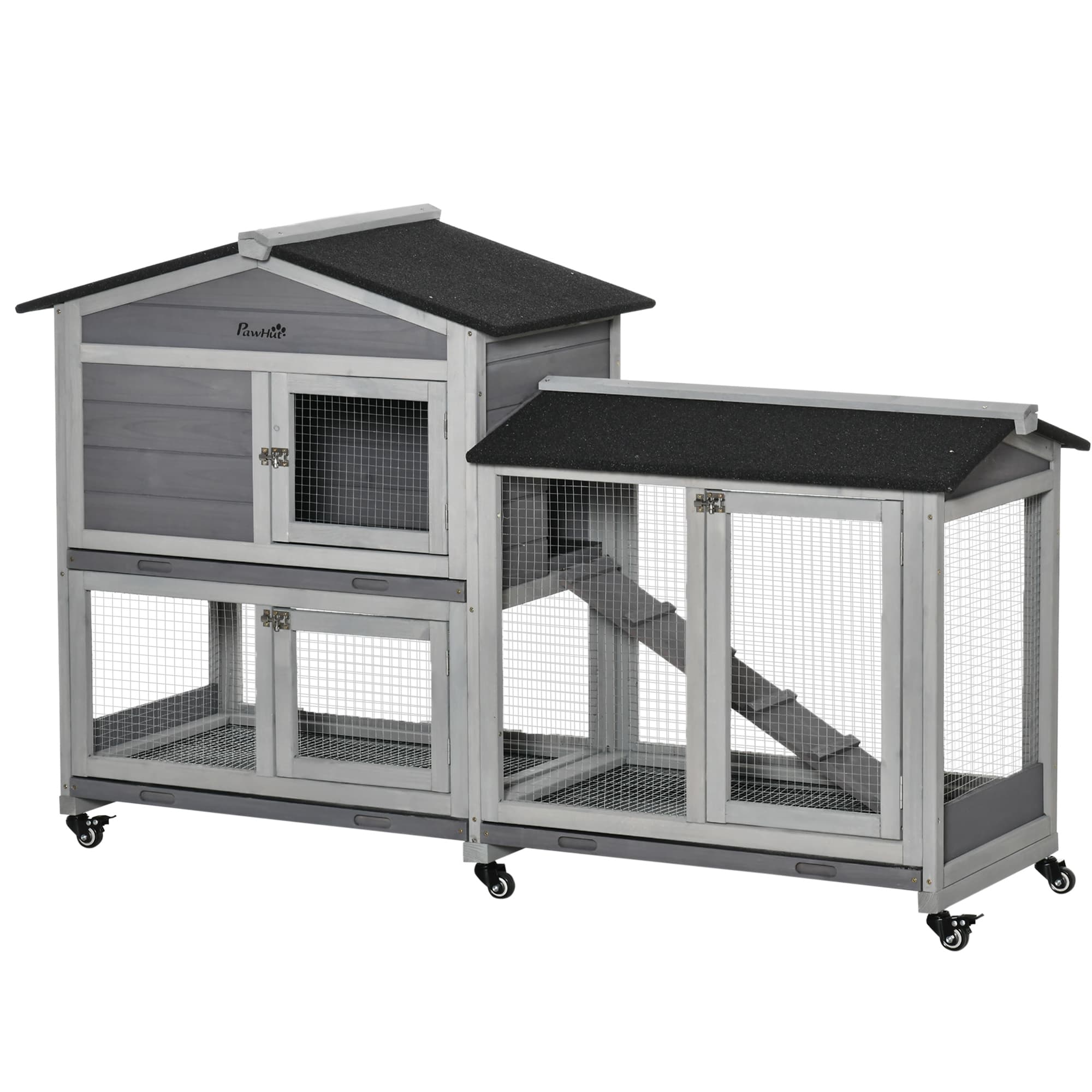 PawHut Clapier cage lapin avec 2 niveaux ,saire de jeu, rampe d'accès, 3 portes avec verrou en bois Dim. 157,4L x 53l x 99,5H cm gris Aosom France