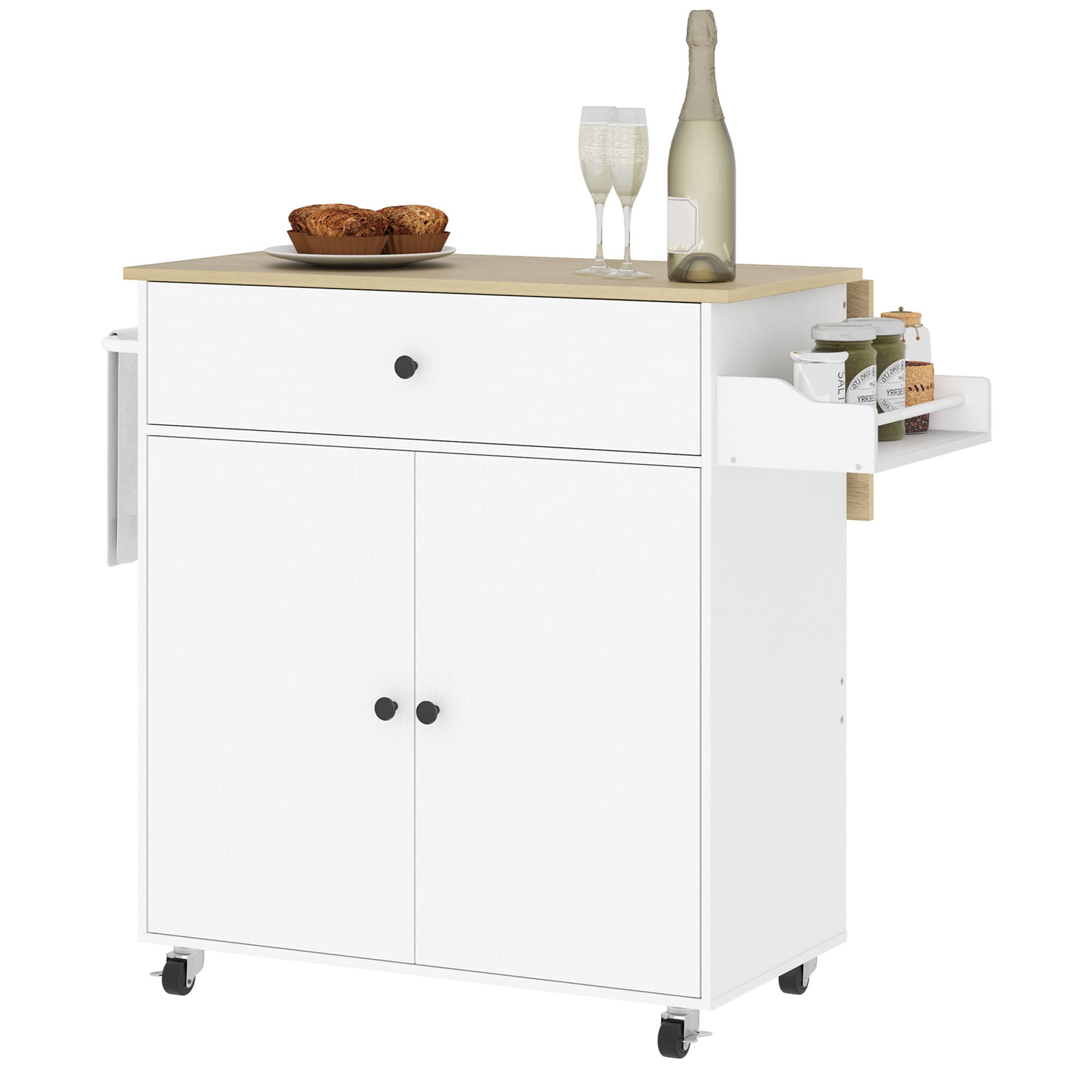 HOMCOM Desserte de cuisine sur roulettes, Îlot central cuisine - tiroir, étagère réglable, support à épices et porte-serviette