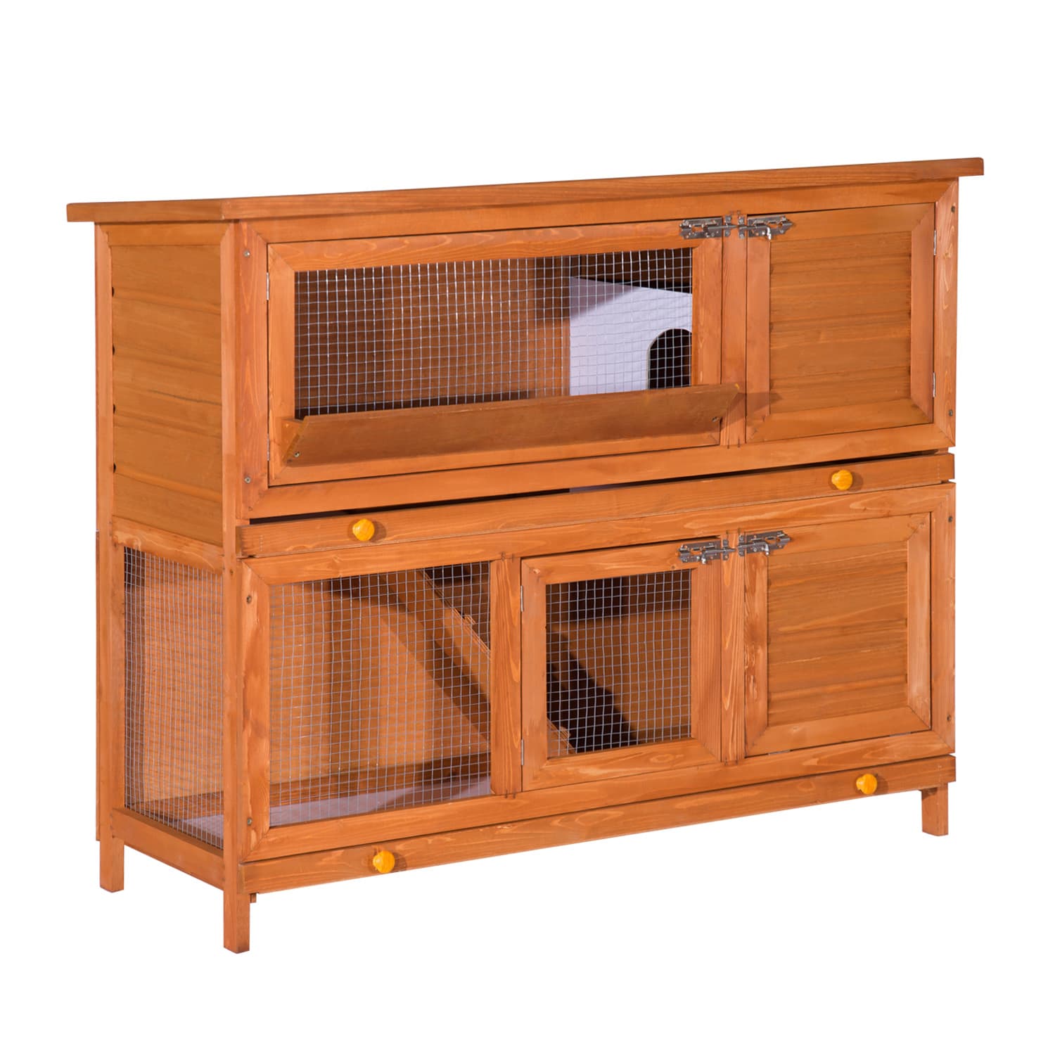 PawHut Poulailler clapier cage lapin grande taille avec 2 étages râtelier à foin toit ouvrant dim.120L x 48l x100H cm Aosom France