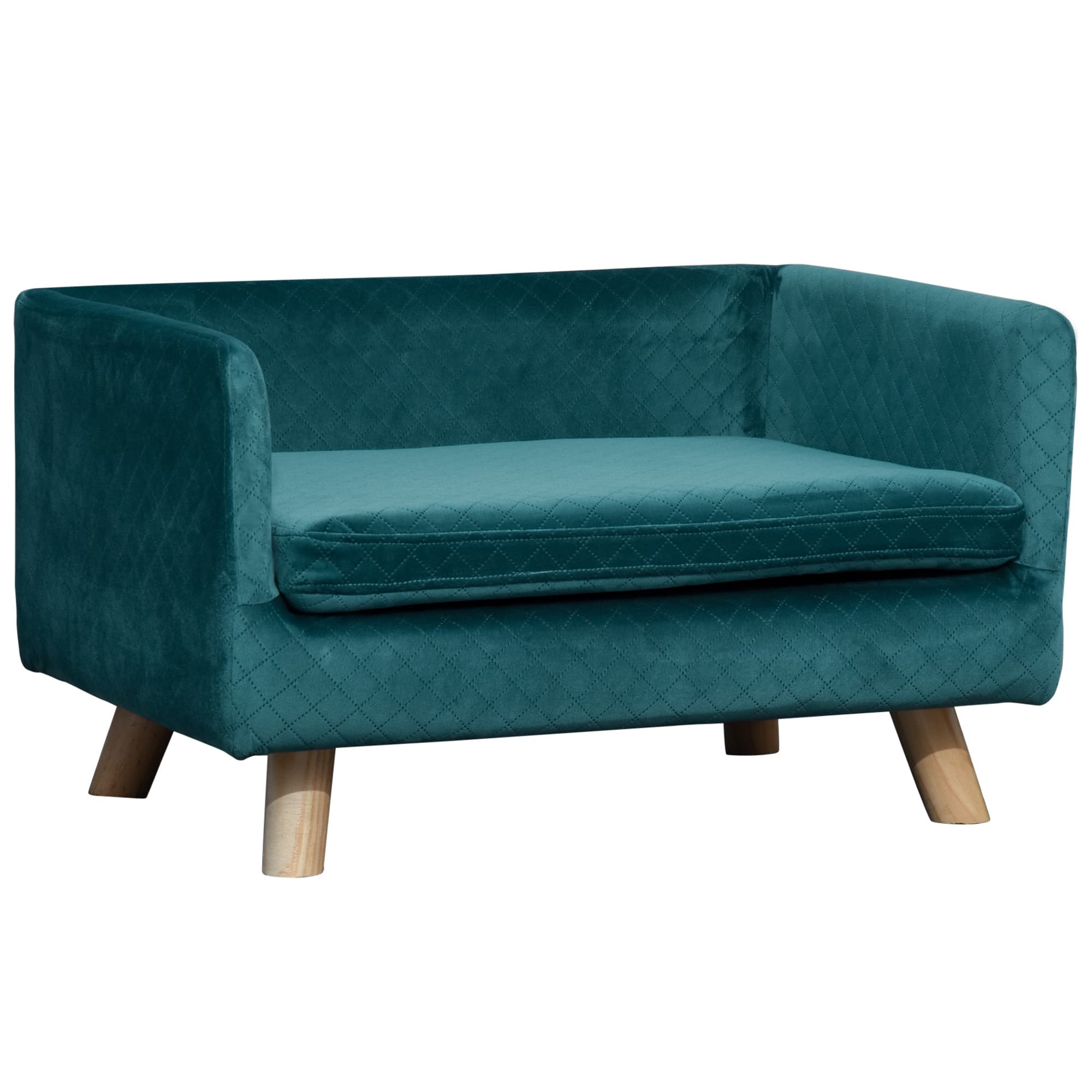 PawHut Canapé chien lit pour chien design scandinave coussin moelleux pieds bois massif dim. 64 x 45 x 36 cm velours bleu canard Aosom France