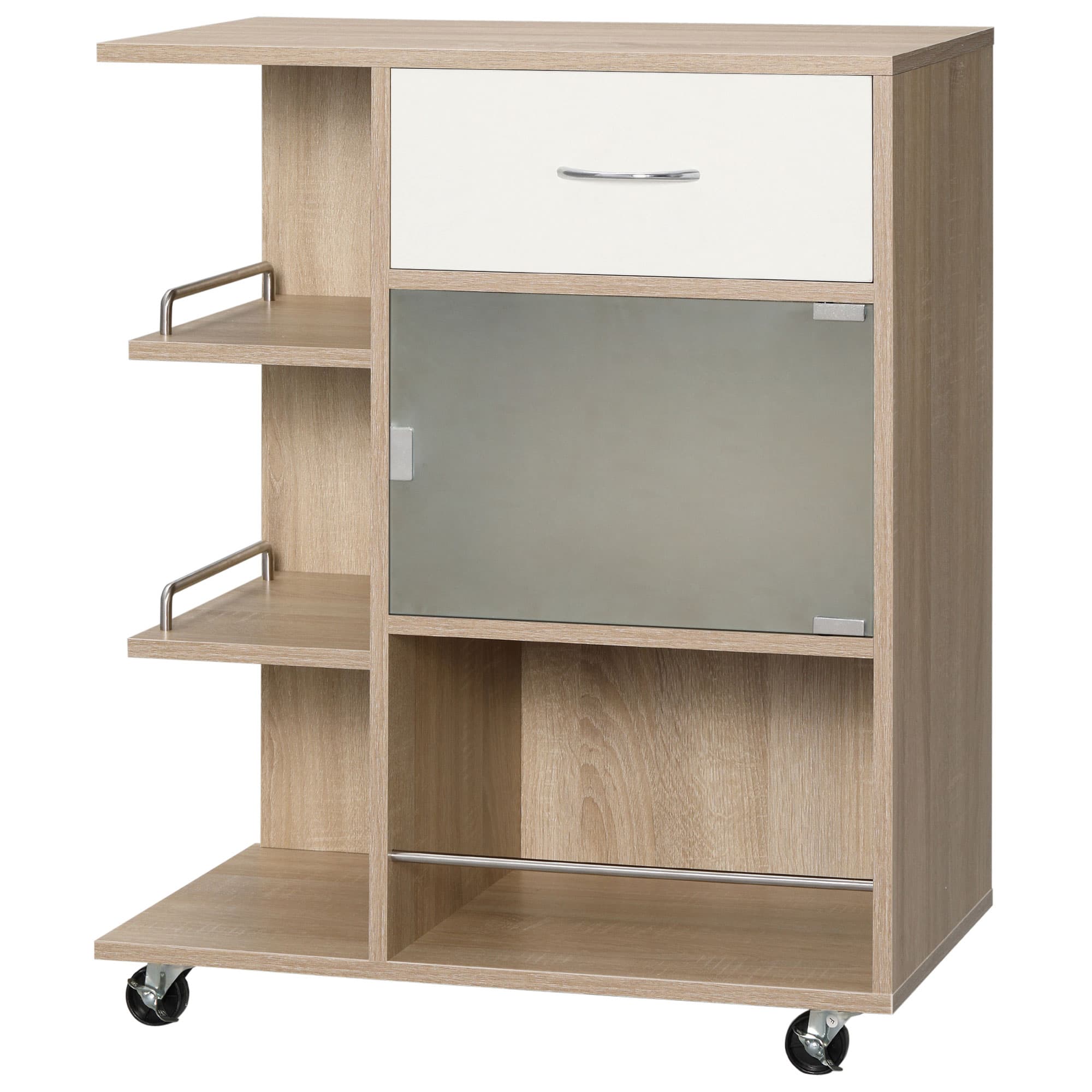 HOMCOM Desserte de cuisine îlot central cuisine roues pivotantes 360° étagères avec barrières 65 x 39 x 80 cm naturel
