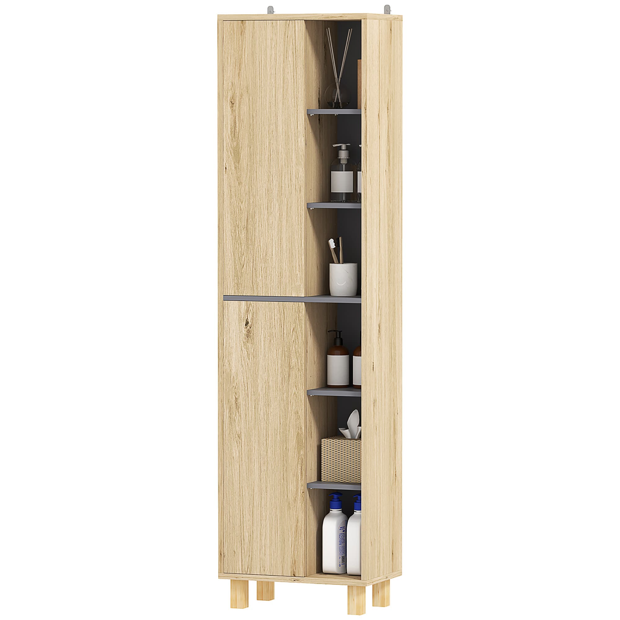 HOMCOM Meuble colonne salle de bain, armoire de salle de bain avec 6 compartiments ouverts et 2 placards, bois naturel