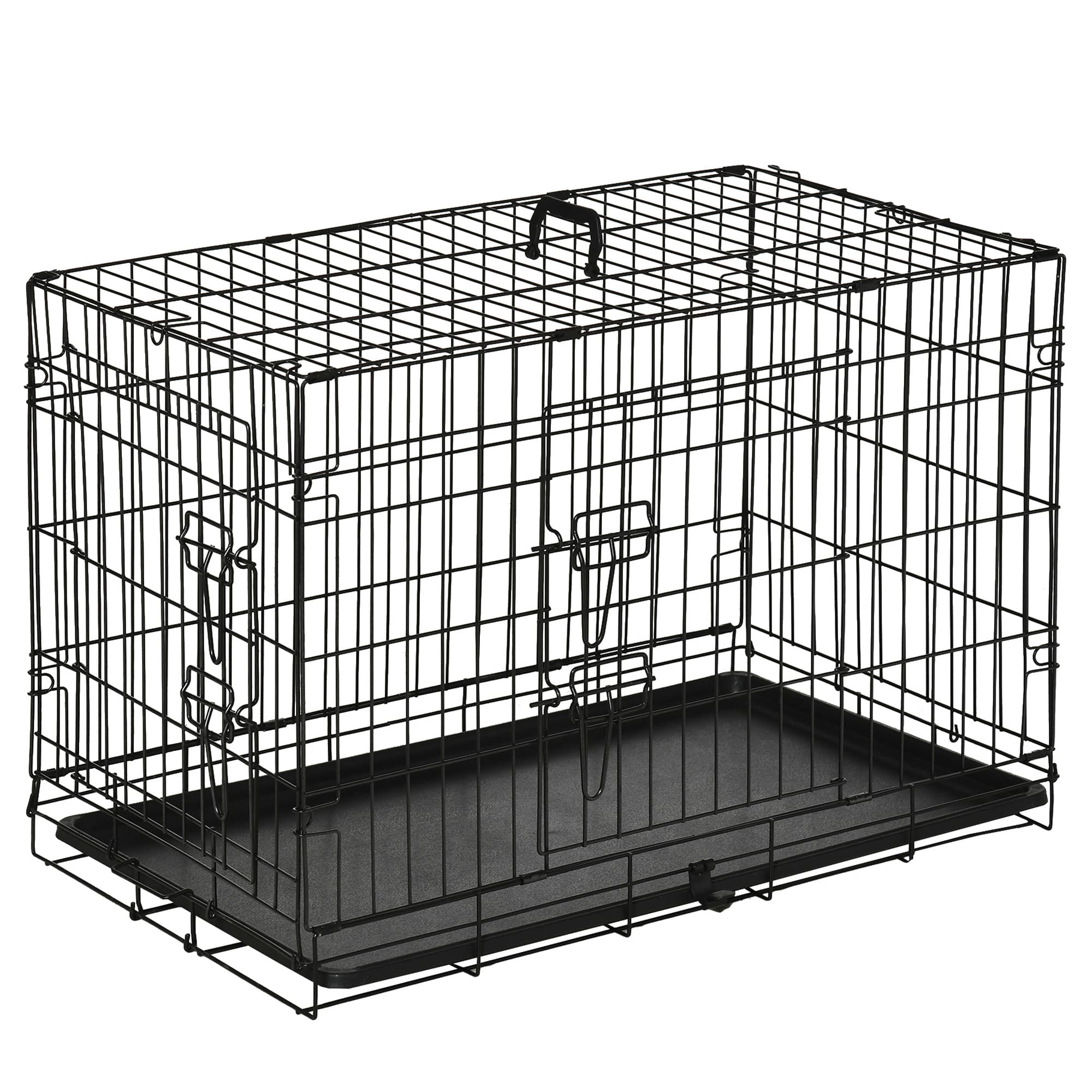 PawHut Cage Caisse Transport pour Chien Pliable 2 Portes Fil d'Acier avec Plateau Poignée 76L X 53L X 57Hcm Noir