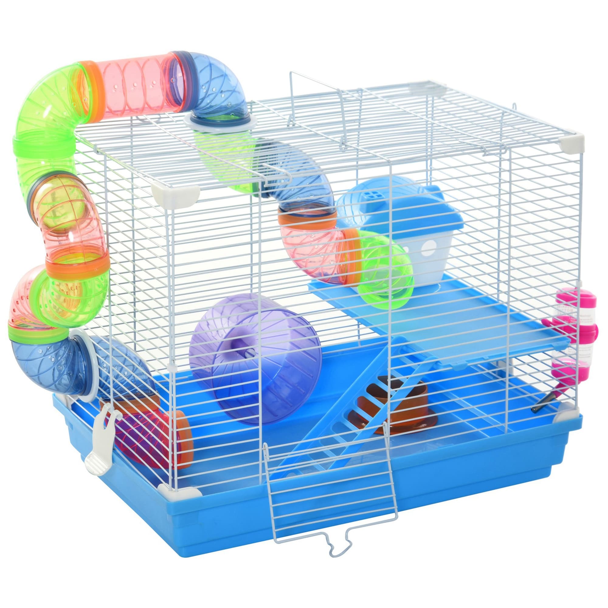 PawHut Cage à hamster rongeur 2 niveaux avec tunnel, biberon eau, roue, maisonnette, échelles dim. 46L x 30l x 37H cm