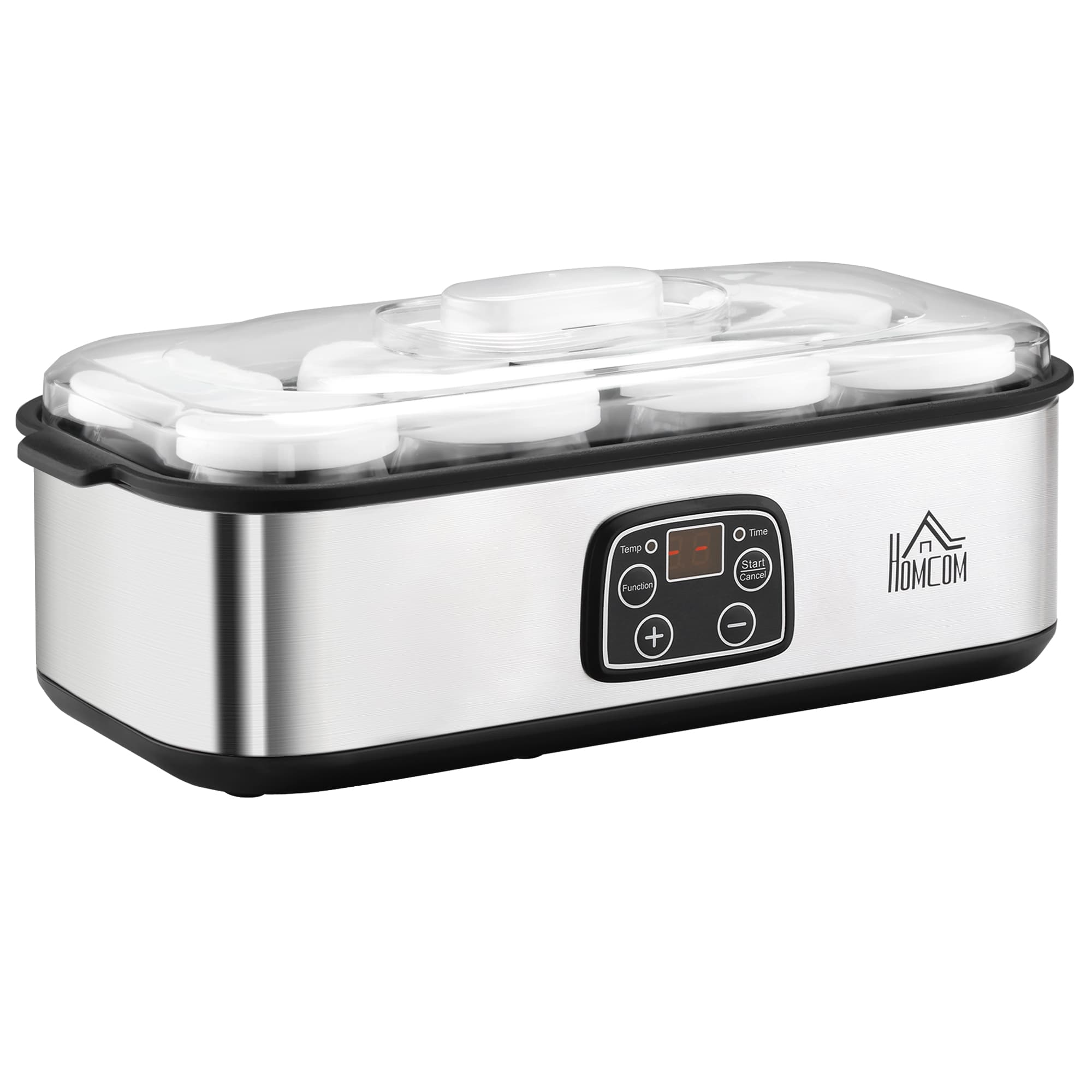 HOMCOM Yaourtière avec 8 pots en verre de 180ml en acier inoxydable avec minuterie, thermostat réglable et affichage numérique Aosom France