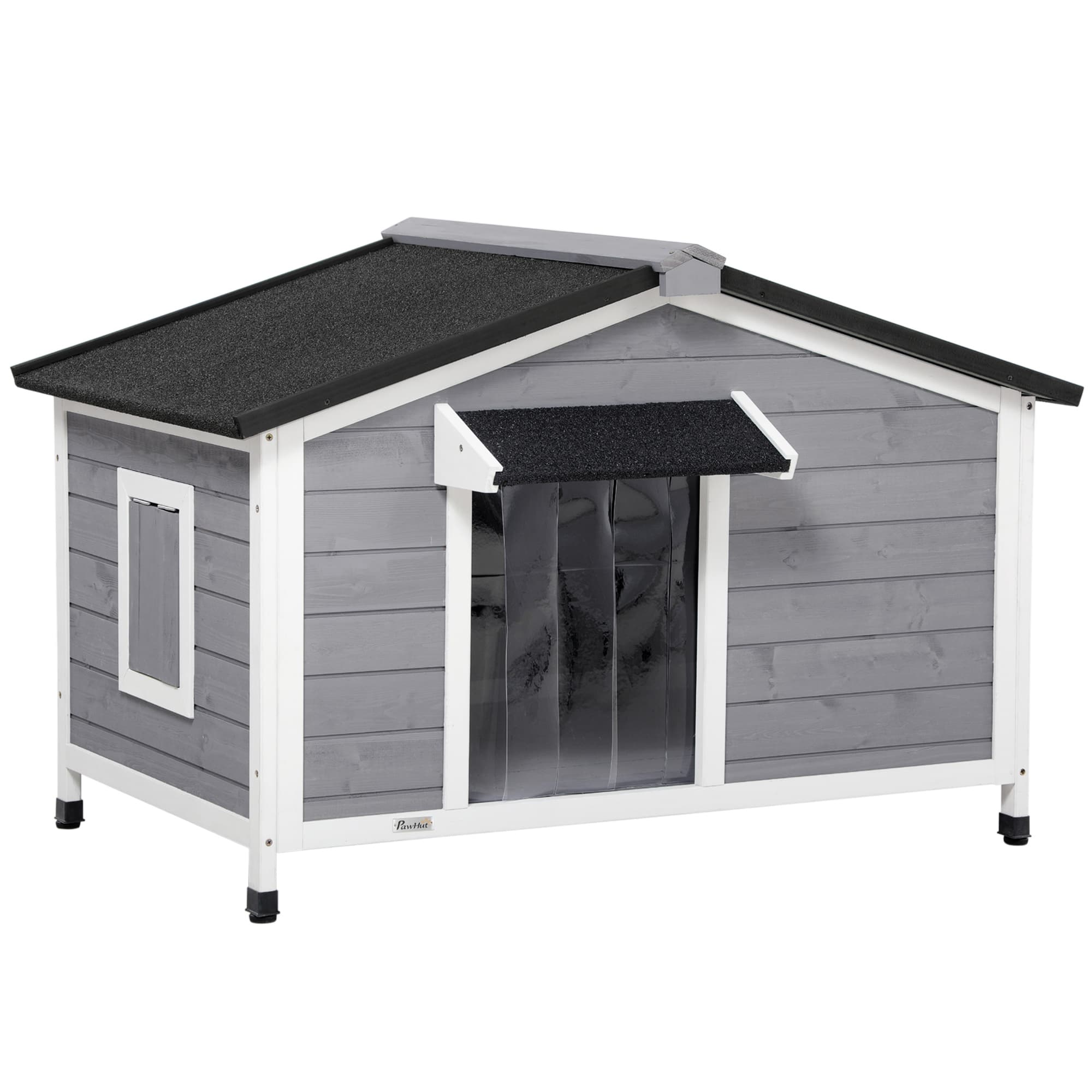 PawHut niche pour chien en bois toit bitumé ouvrant avec pieds surélevés et 2 fenêtres 109 x 79 x 72 cm gris Aosom France