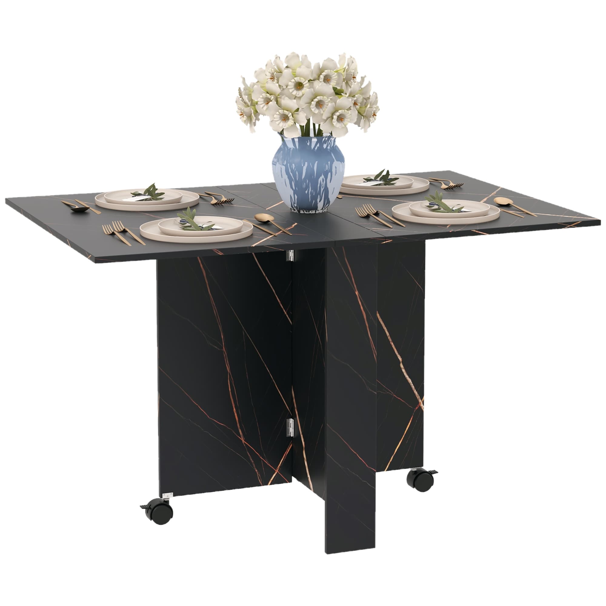 HOMCOM Table pliante cuisine table à manger pliable avec 2 abattants 2 roues avec freins 120 x 80 x 73 cm noir marbré imitation