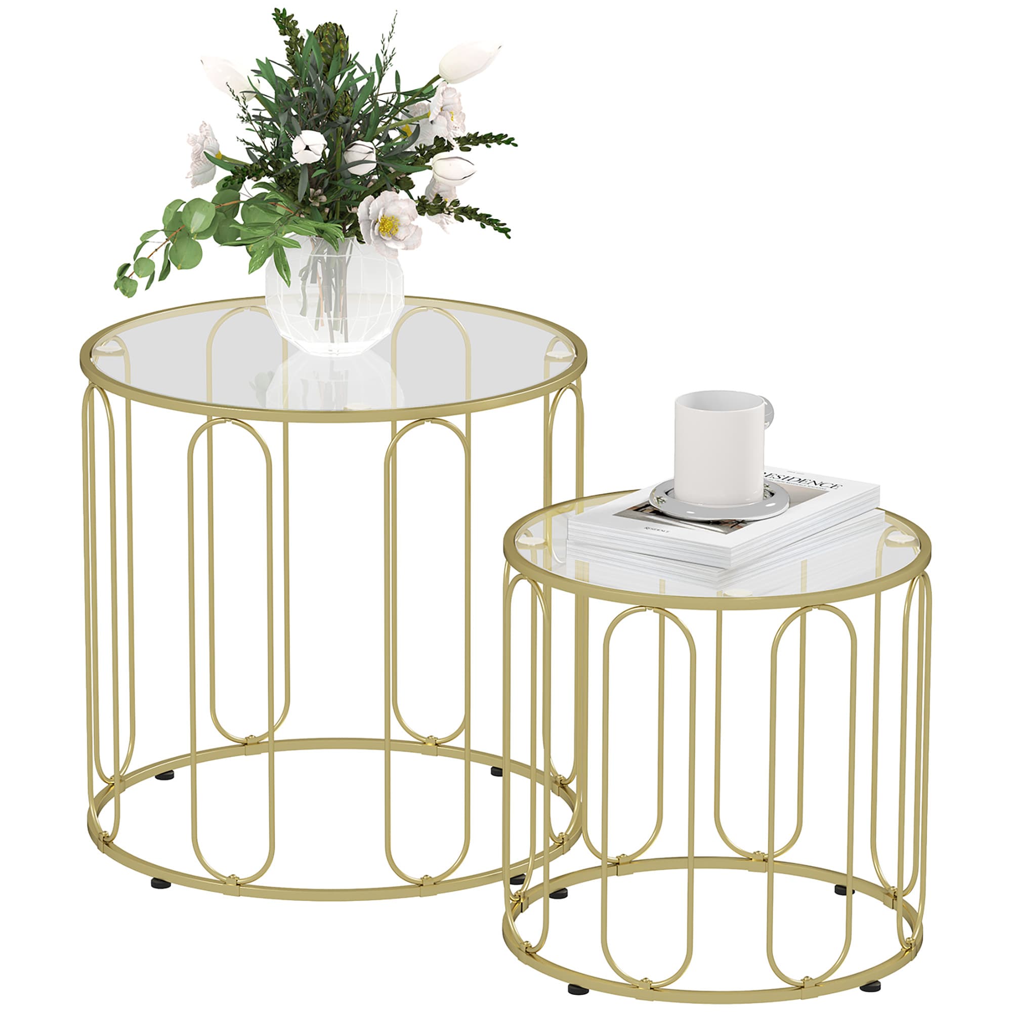 HOMCOM Lot de 2 tables basses gigognes rondes modernes avec cadre en métal et plateau en verre trempé, ton doré