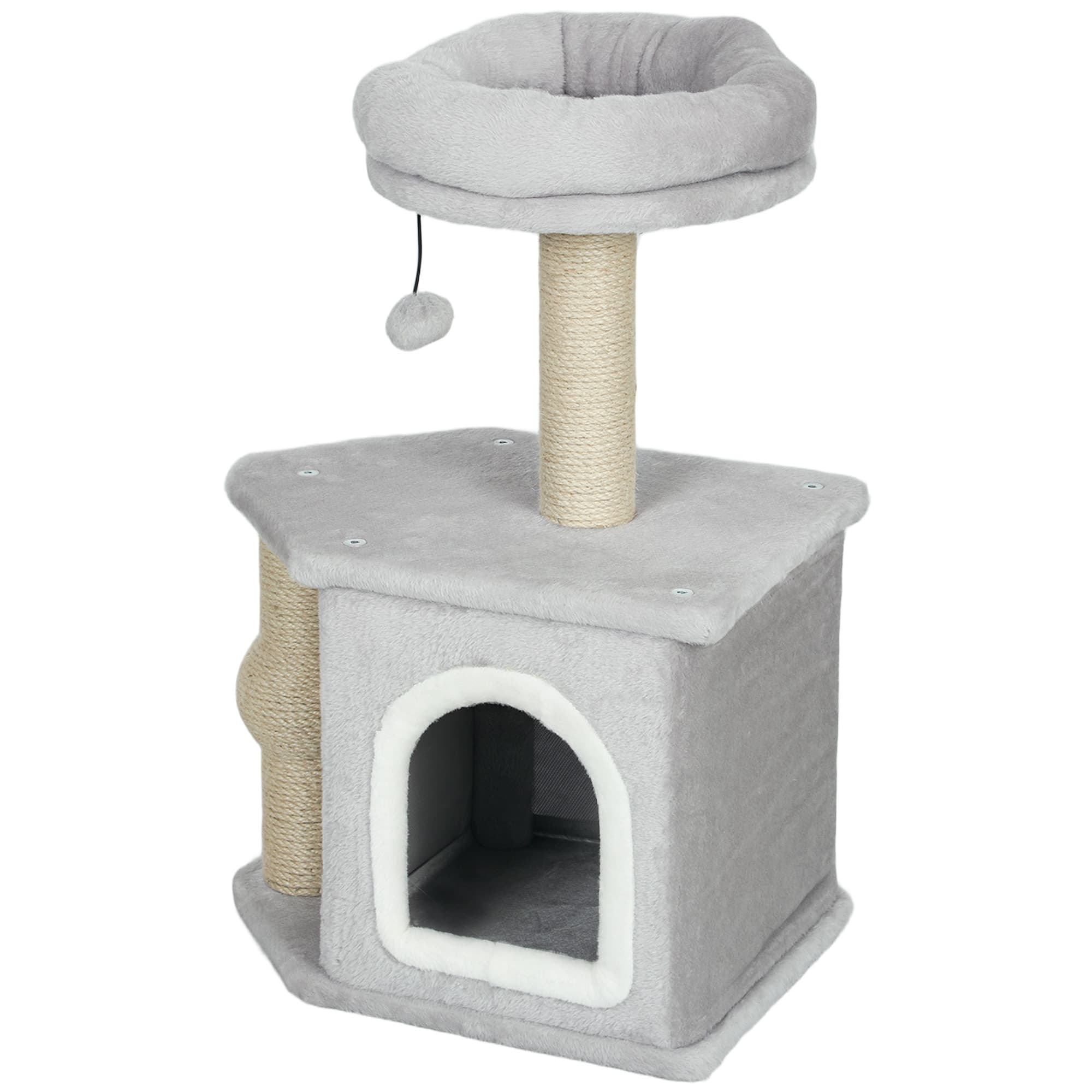 PawHut Arbre à chat tour de jeux pour chats, avec poteaux à griffer lit pour chat maison pour chat 42 x 30 x 66 cm gris clair