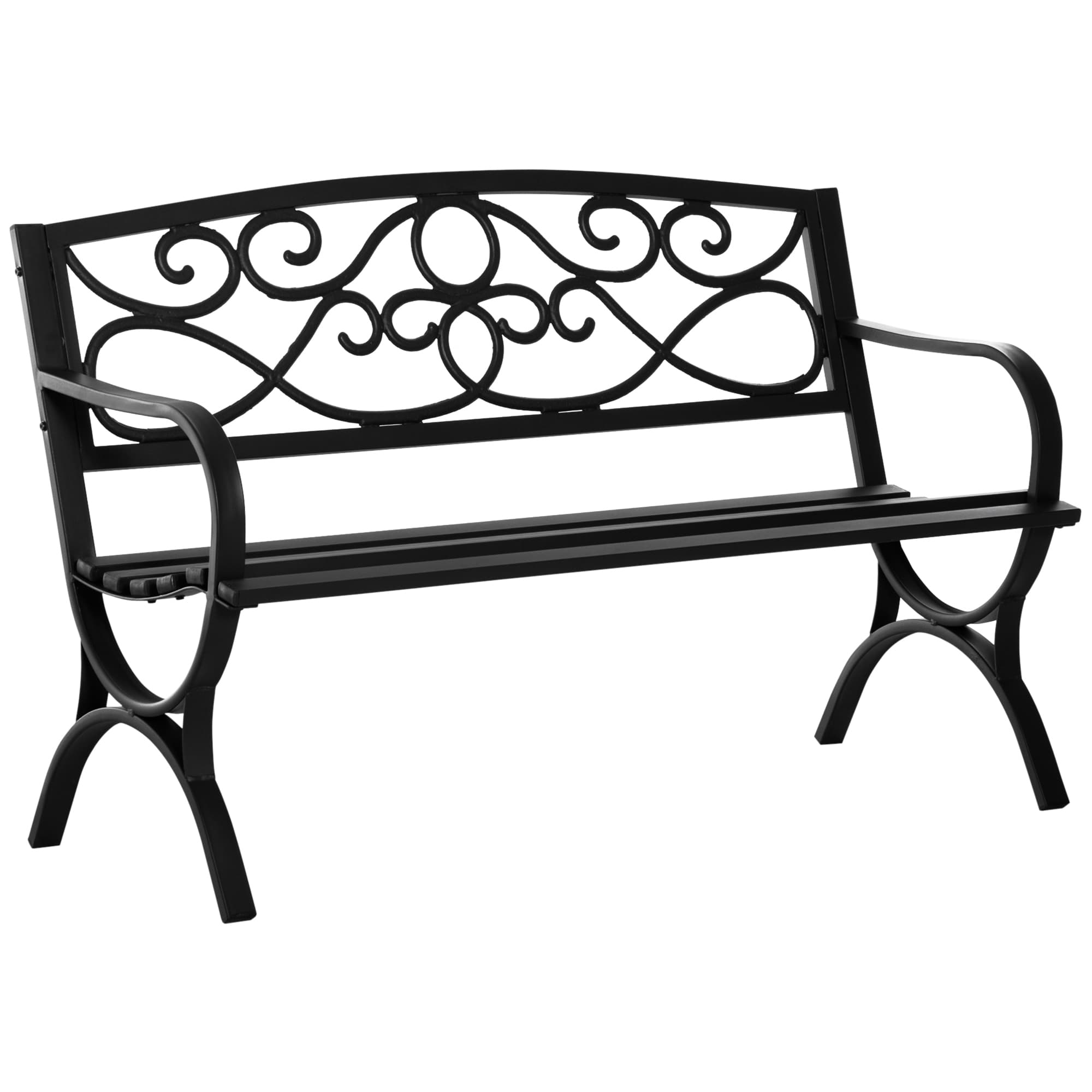 Outsunny Banc de jardin 2 places banquette dossier incliné assise à lattes accoudoirs confortables châssis acier fonte 128 x 58,5 x 85 cm noir
