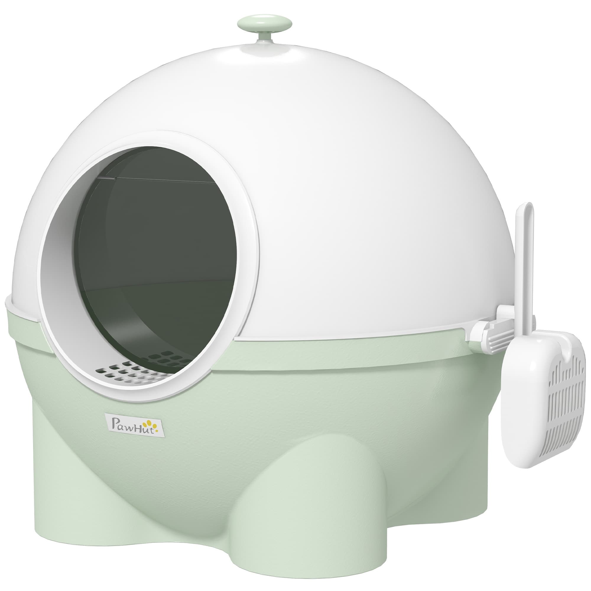 PawHut Bac à litière pour chat maison de toilette avec porte battante couvercle amovible 53 x 51 x 48 cm vert et blanc
