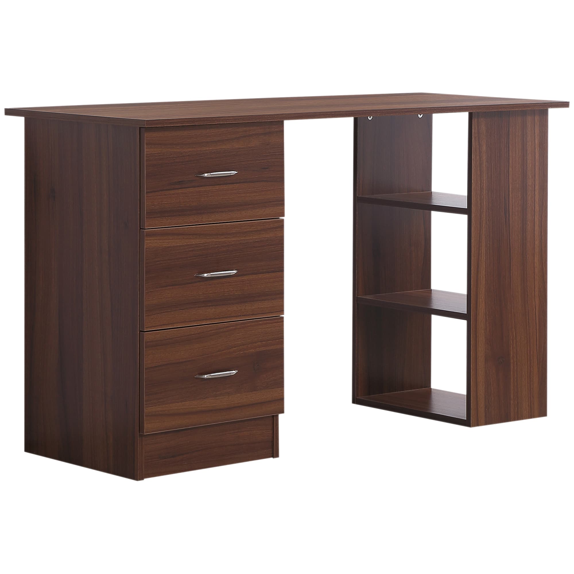 HOMCOM Bureau informatique table multi-fonctions 3 tiroirs 3 étagères dim. 120L x 49l x 72H cm panneaux de particules noyer
