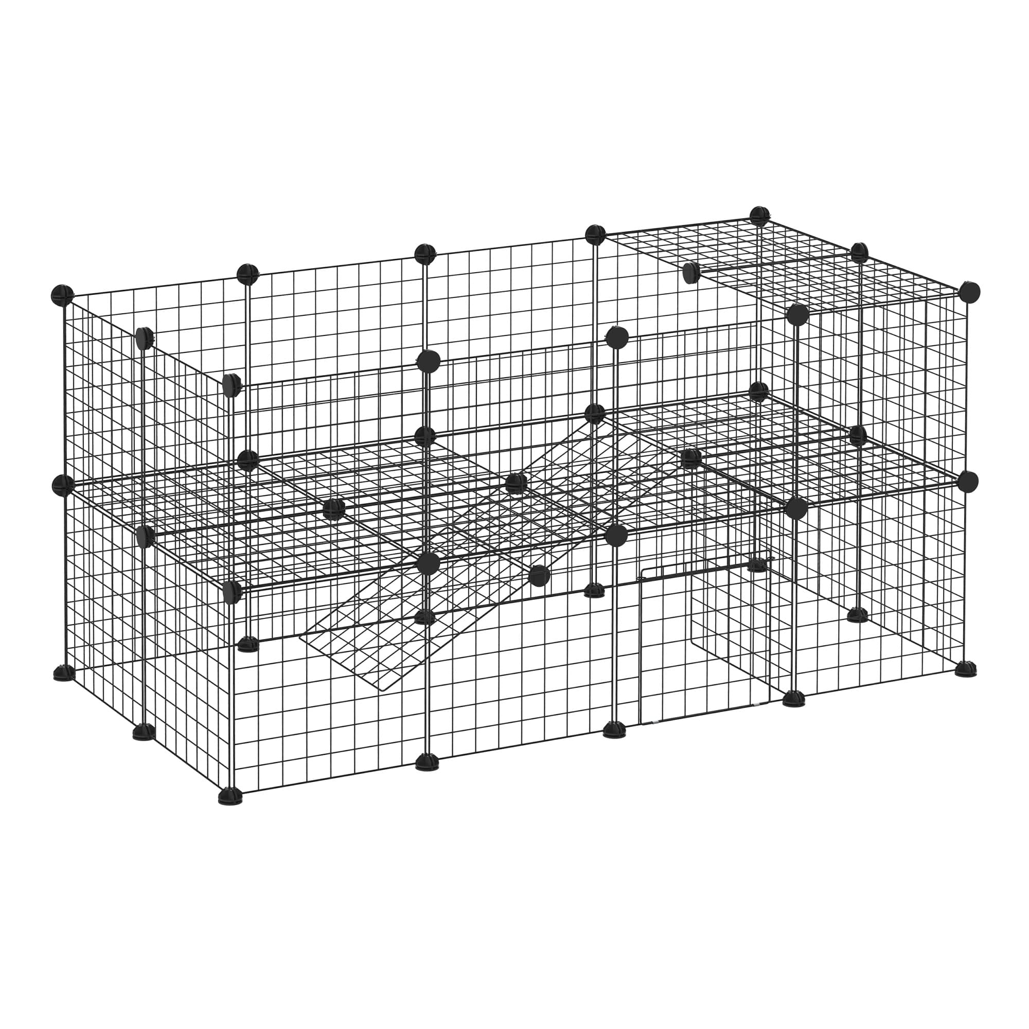 PawHut Cage parc enclos modulable pour animaux domestiques L 146 x l 73 x H 73 cm modulable 2 niveaux 36 panneaux bords arrondis fil métallique noir