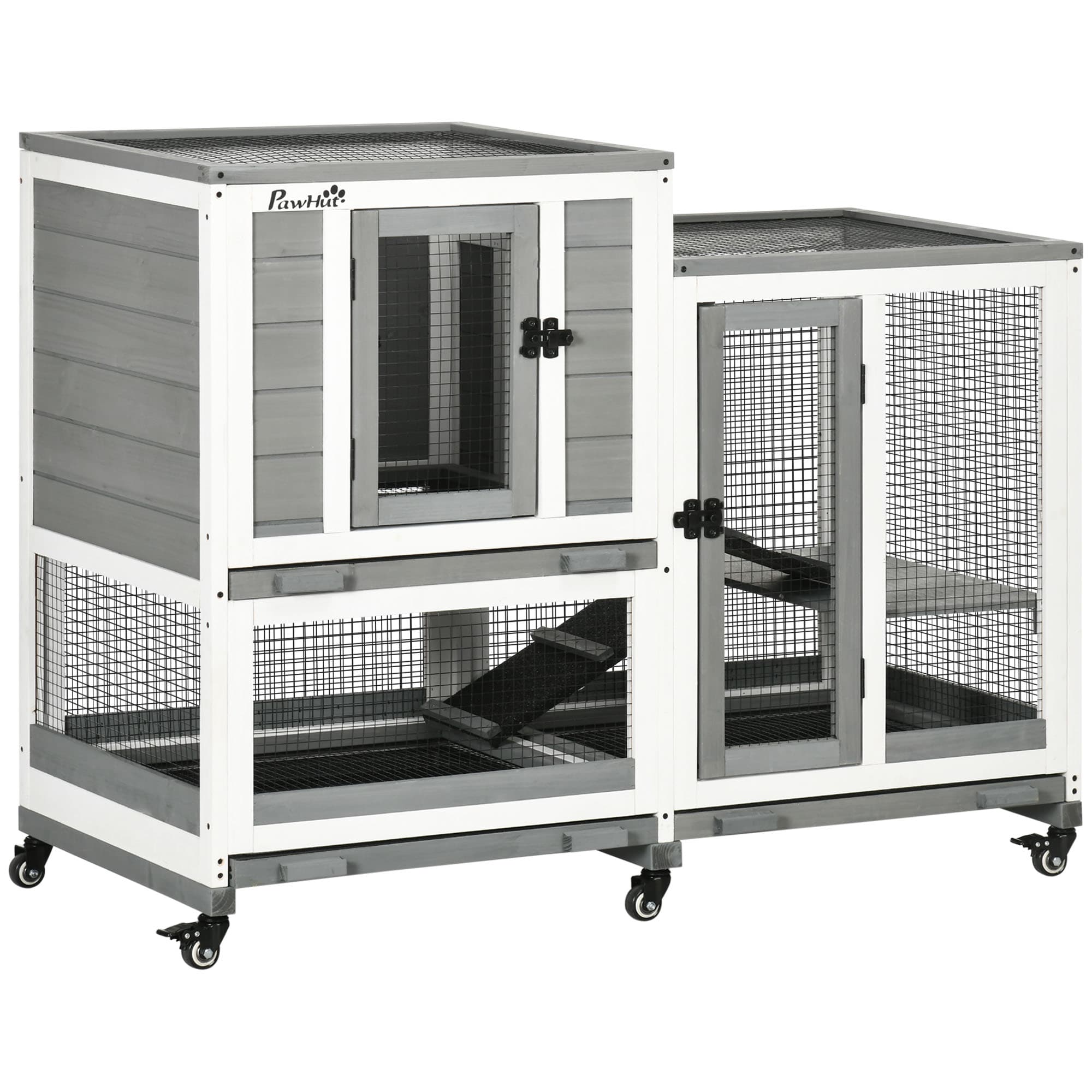PawHut Cage lapin Clapier intérieur cage à lapin bois avec roulettes 3 étages rampes - dim. 110L x 50l x 86H cm - gris et blanc Aosom France