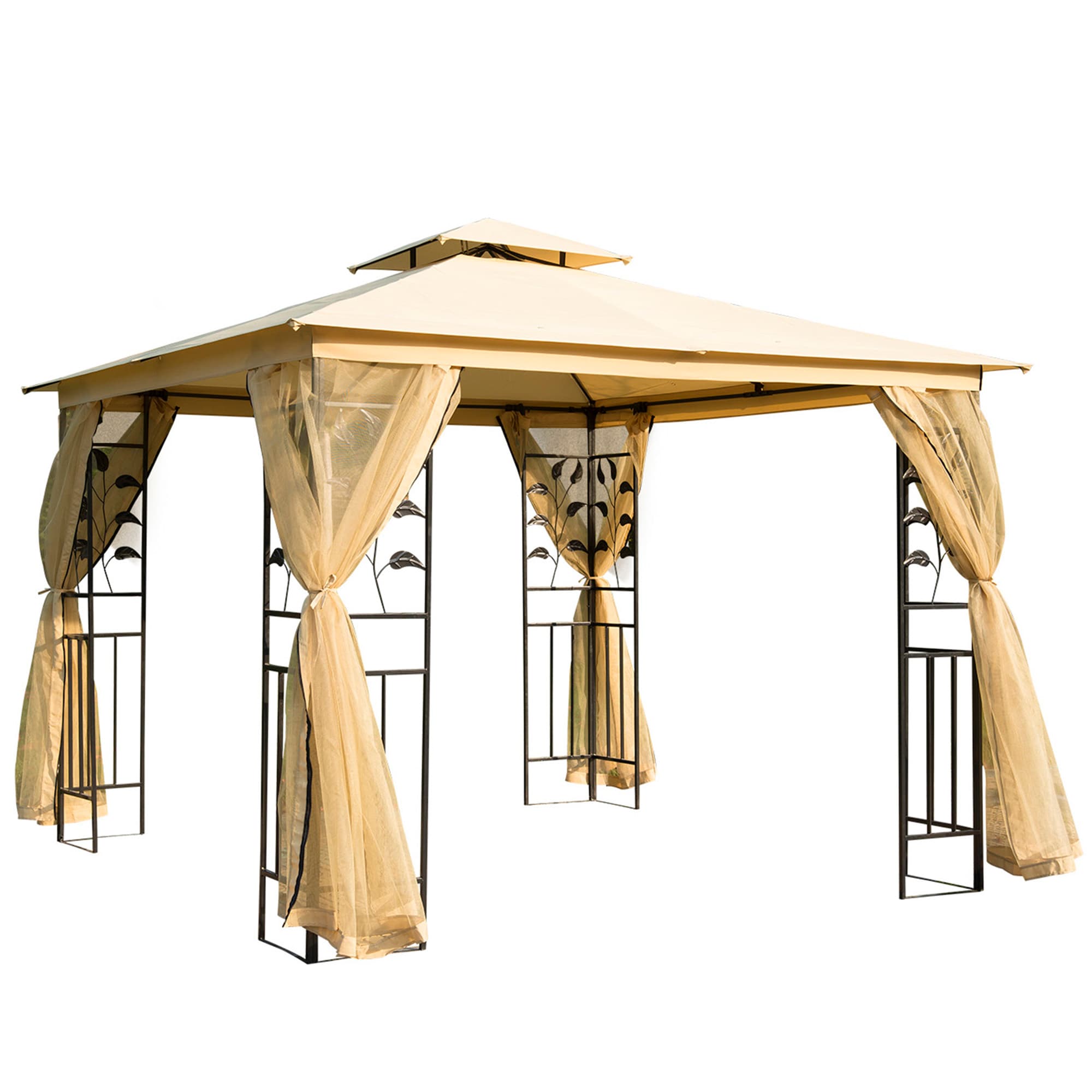 Outsunny Tonnelle Barnum Style Colonial Double Toit Toile Imperméable Moustiquaires Amovibles 3 x 3 x 2,65 m Beige Noir