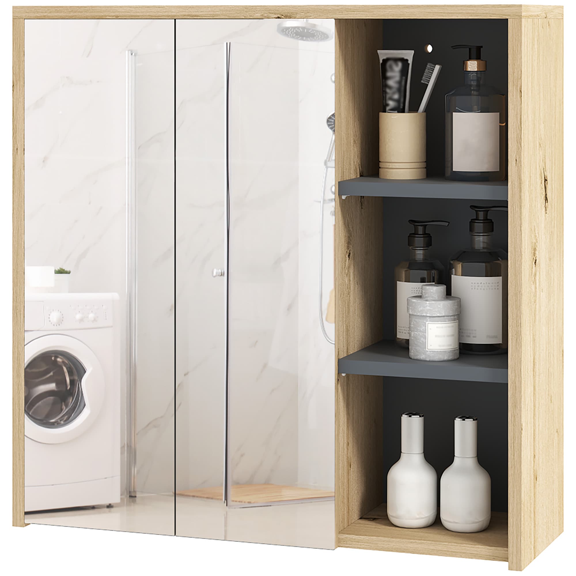 HOMCOM Armoire de salle de bain avec miroir armoire de toilette miroir mural 3 étagères ouverts 60 x 20 x 60 cm bois naturel