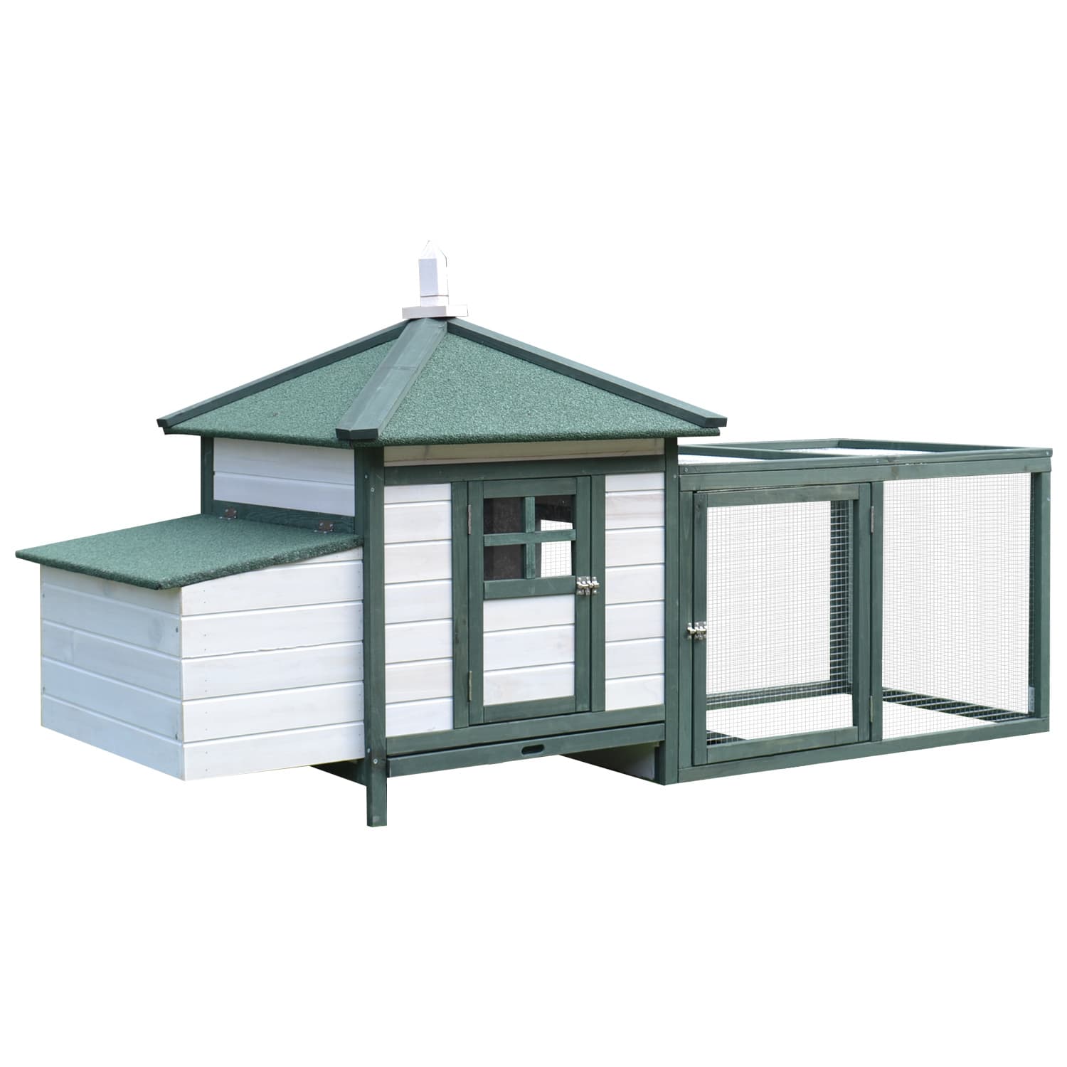 PawHut Poulailler Cage à Poule Multi-Equipement Perchoir Rampe Pondoir Enclos Tiroir à Déjection Bois Massif 196 x 74 x 98 cm Blanc Vert