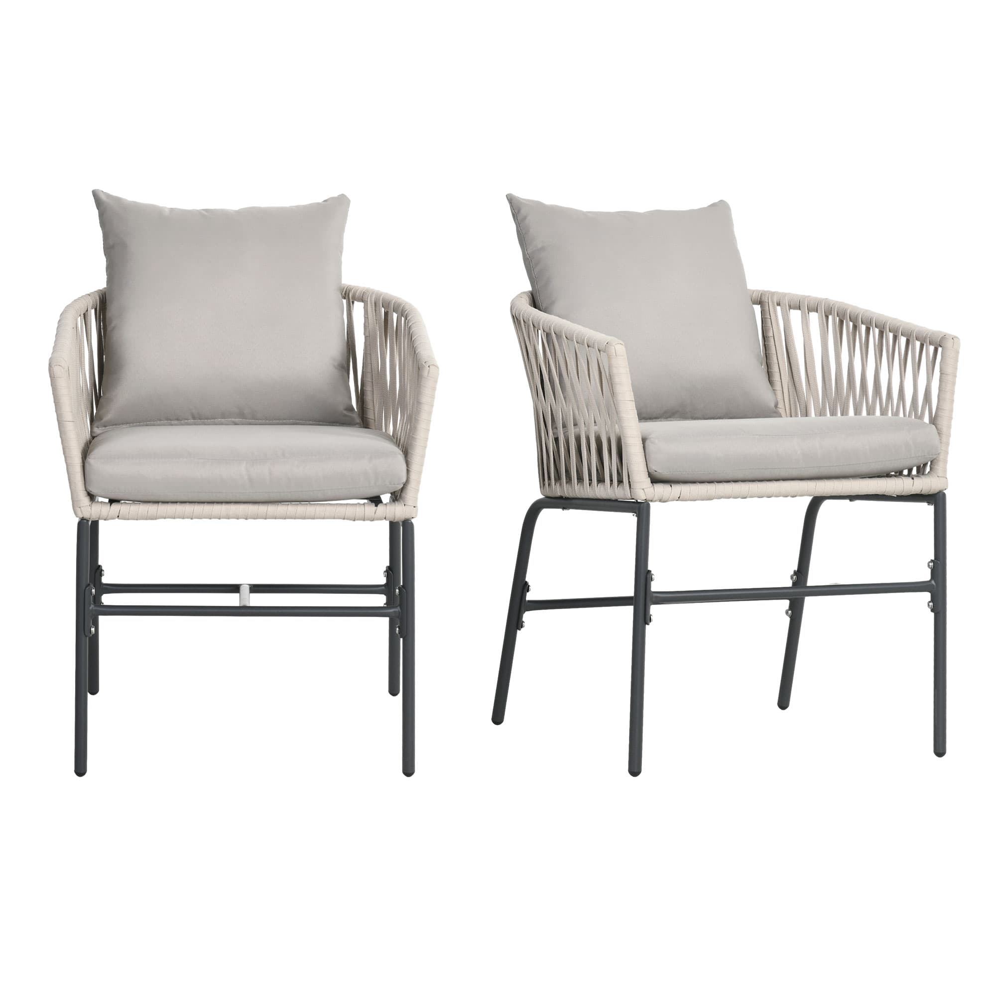 Outsunny Lot de 2 fauteuils chaises de jardin 2 places et métal et corde PE avec coussins, noir et gris