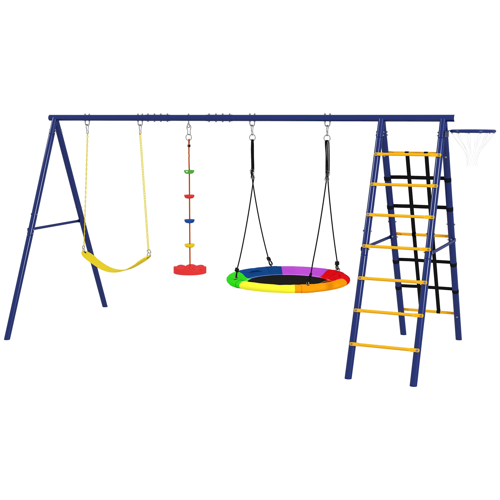 AIYAPLAY Portique balancoire exterieur 6 en 1 avec 3 balançoires, panier de basket, échelle d'escalade et filet, multicolore